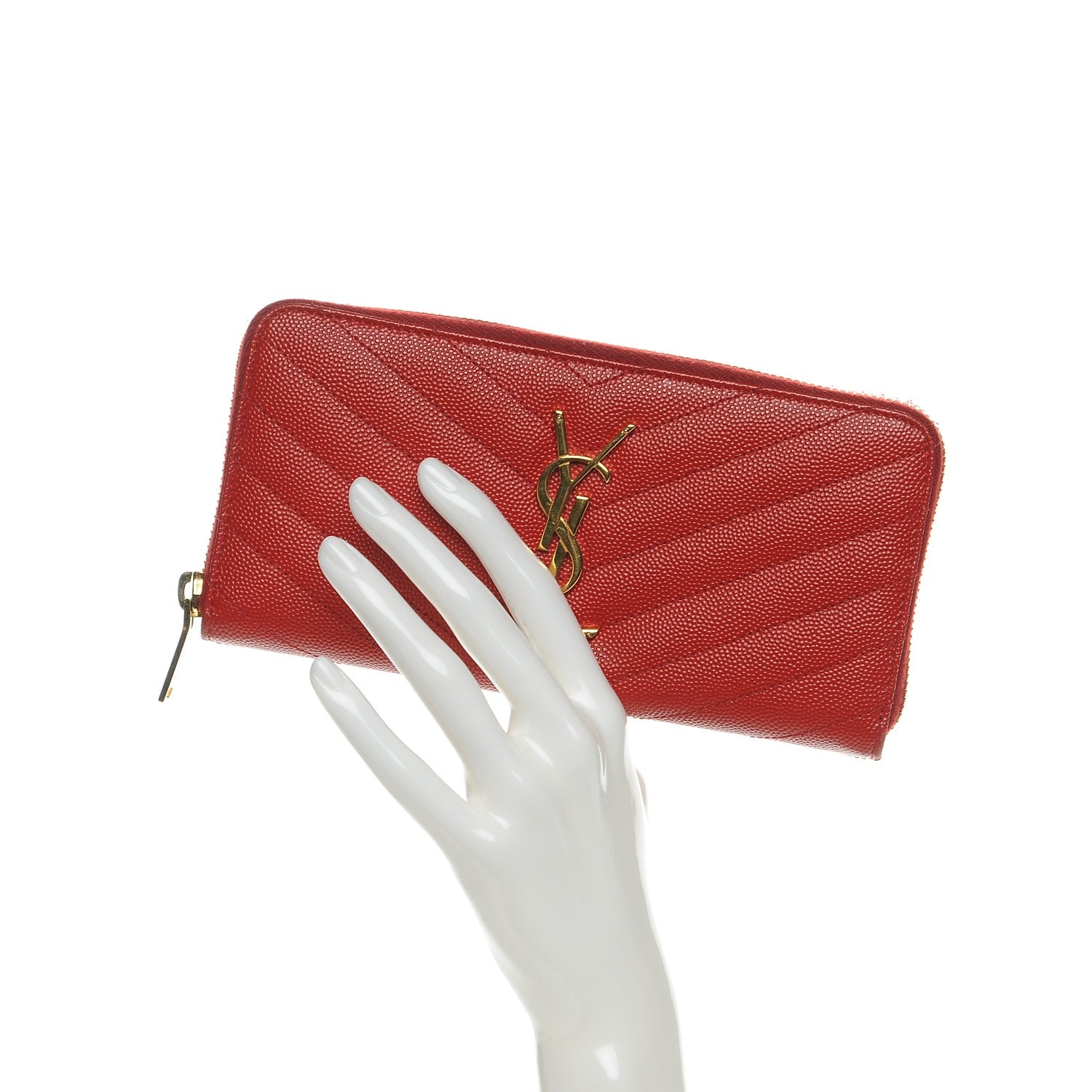 Saint Laurent Grain De Poudre Matelasse Chevron Monogram Zip Around Wallet Red 2 of 7