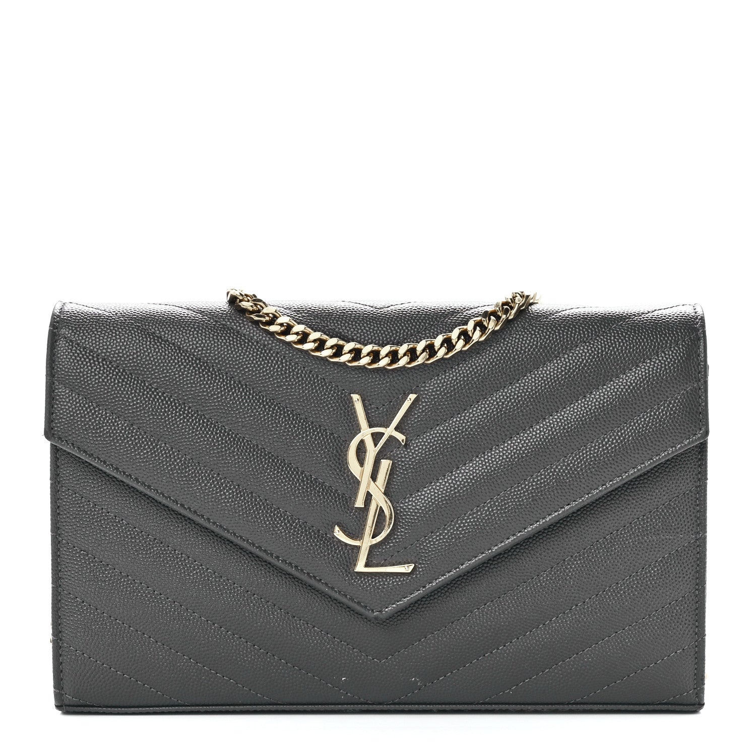 Saint Laurent Grain De Poudre Matelasse Chevron Monogram Chain Wallet Oyster Grey 1 of 11