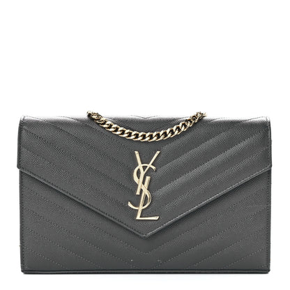 Saint Laurent Grain De Poudre Matelasse Chevron Monogram Chain Wallet Oyster Grey 1 of 11