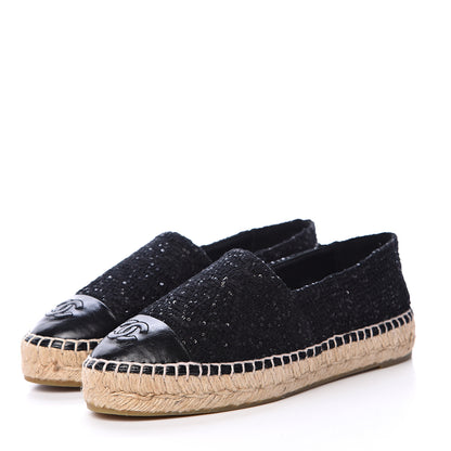 Chanel Tweed Patent Goatskin Sequin CC Espadrilles 36 Black 3 of 12