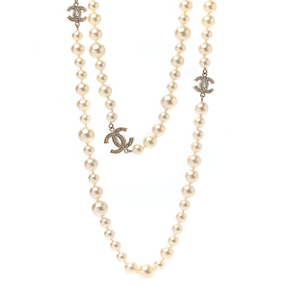 Chanel Graduated Pearl Crystal CC Long Necklace Light Gold 1 of 5