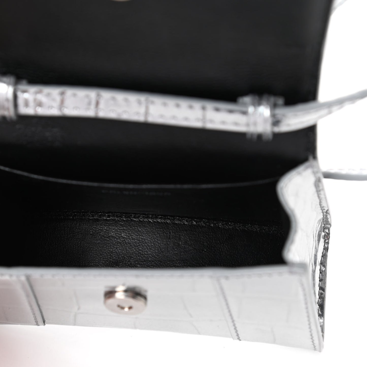 Metallic Calfskin Crocodile Embossed Hourglass Top Handle Bag Mini Silver