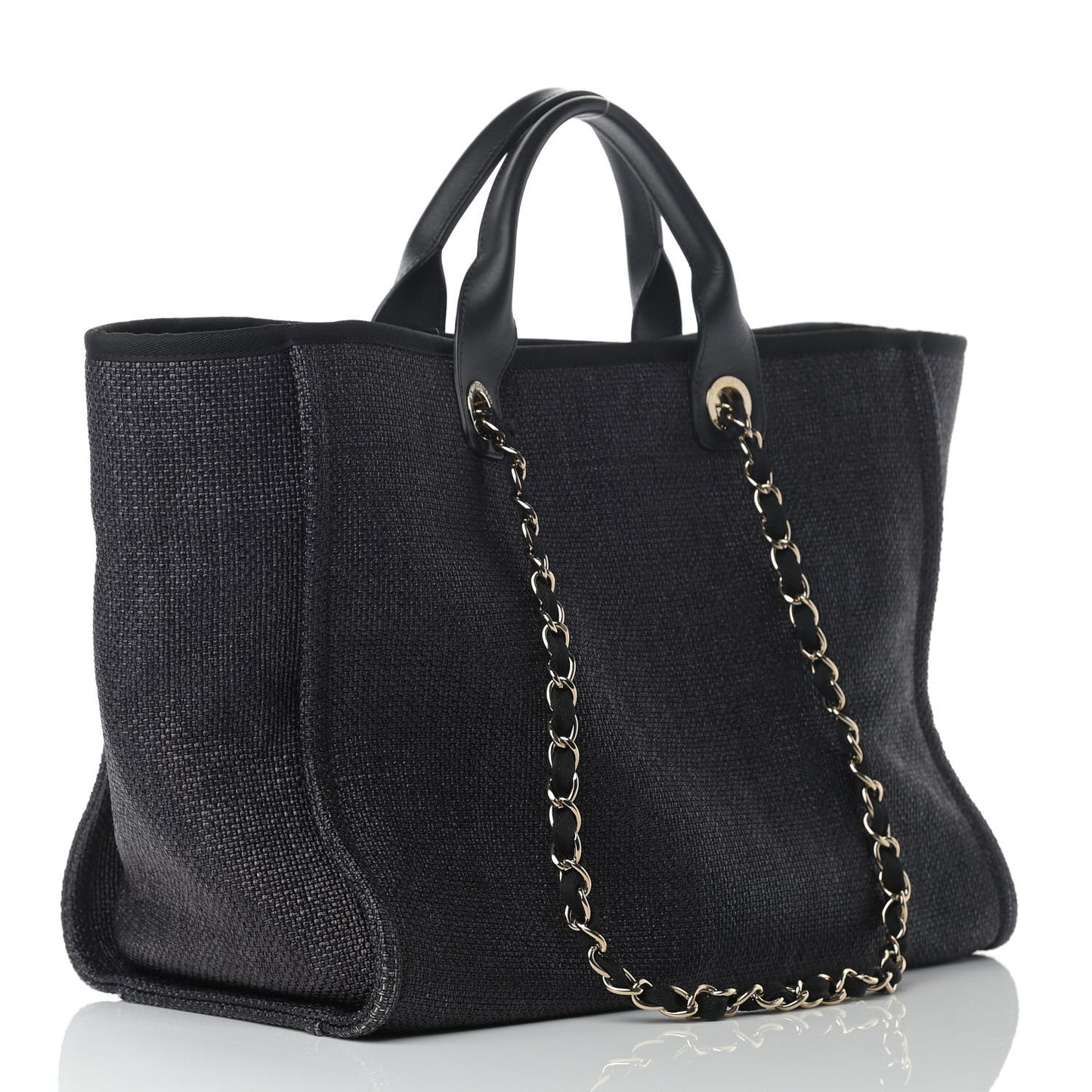 Woven Straw Raffia Medium Deauville Tote Black