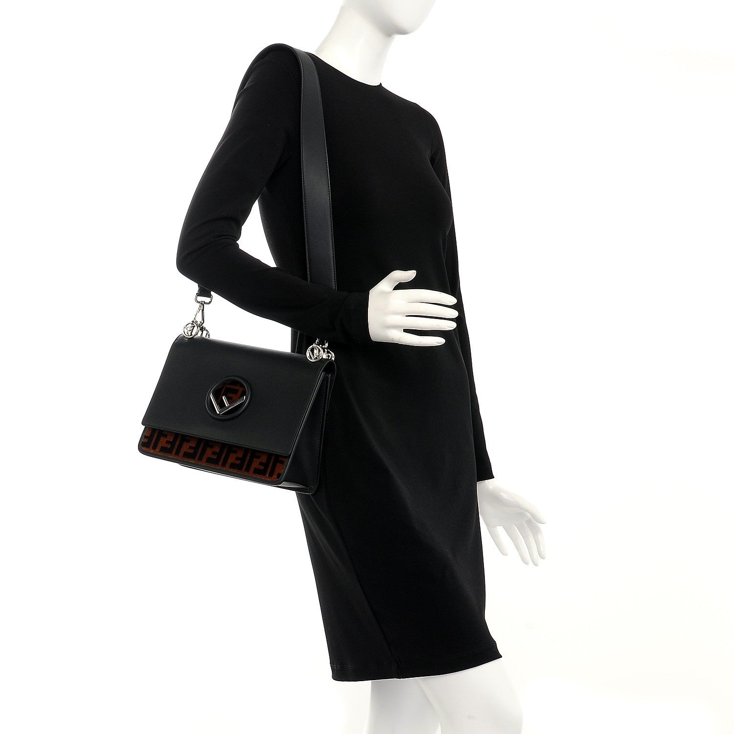 Fendi Vitello Century Velvet F is Fendi FF Kan I Shoulder Bag Black Tobacco 2 of 11