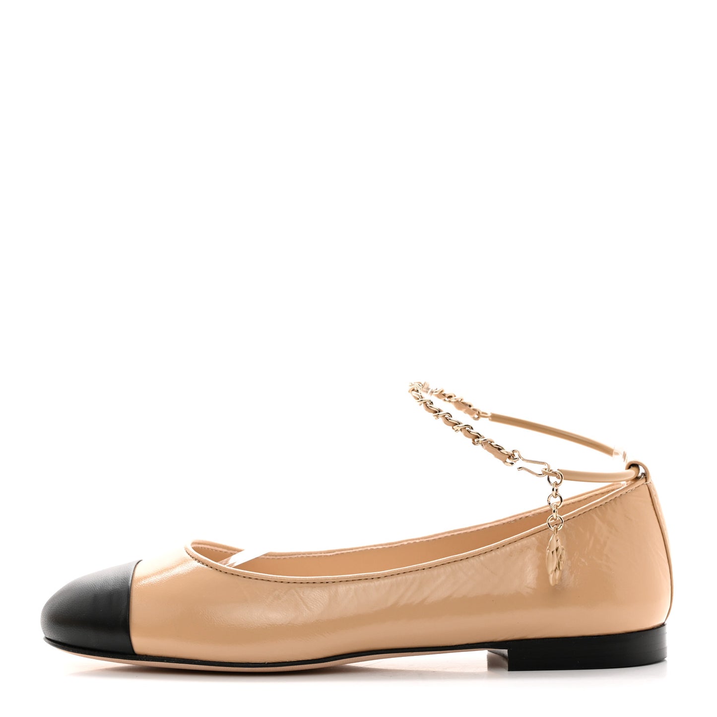 Lambskin Cap Toe Ankle Chain Ballerina Flats 36 Beige Black