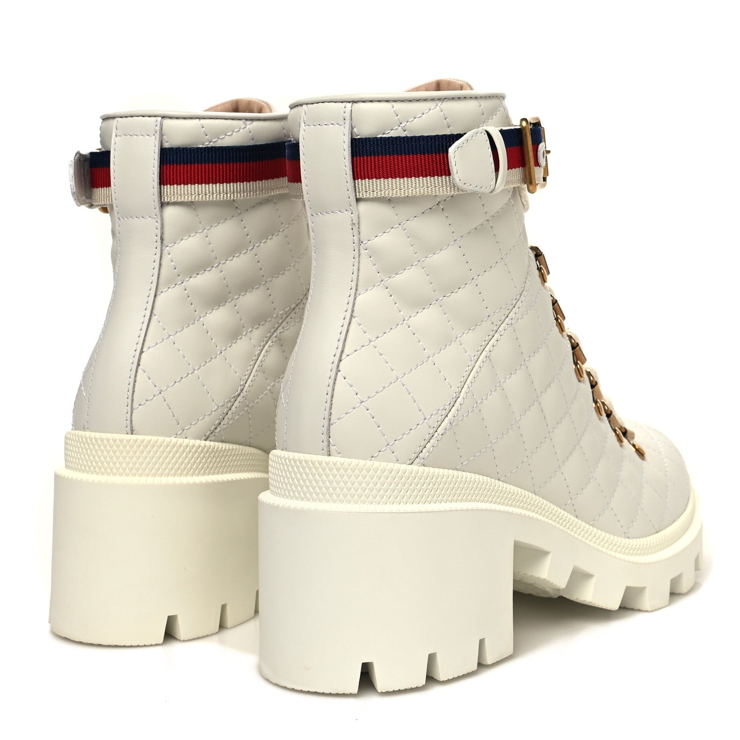 Gucci Calfskin Quilted Sylvie Web Lace Up Combat Ankle Boots 36.5 White 4 of 9