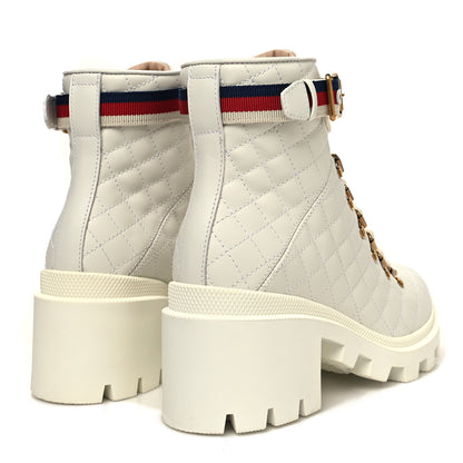 Gucci Calfskin Quilted Sylvie Web Lace Up Combat Ankle Boots 36.5 White 4 of 9
