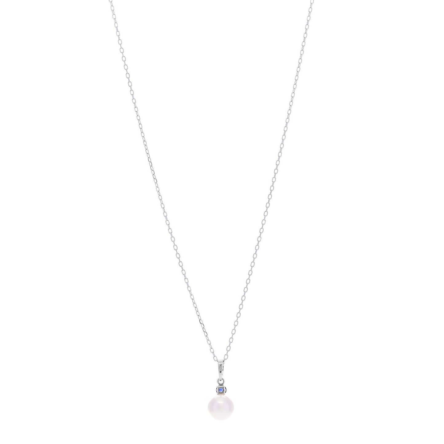 18K White Gold Blue Sapphire Akoya Cultured Pearl 8-8.5mm Pendant Necklace