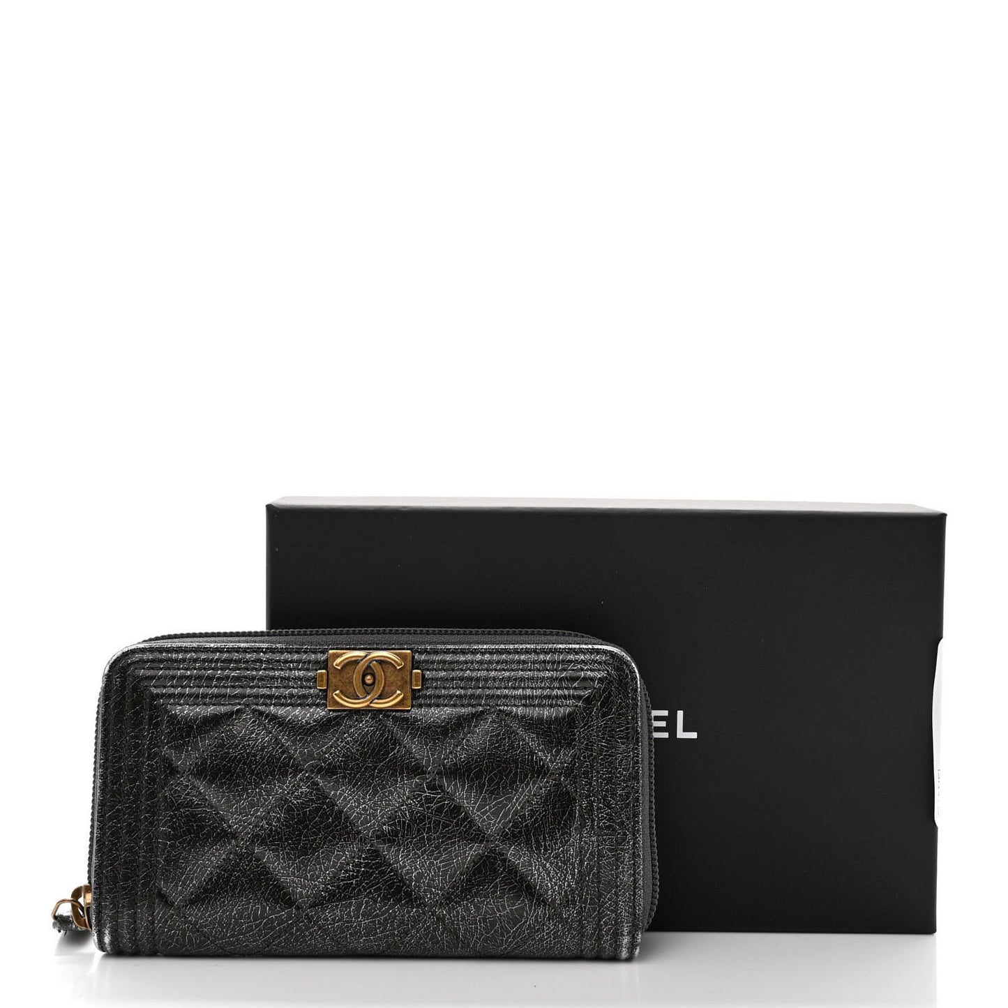Cracked Metallic Calfskin Quilted Medium Boy Zip Around Wallet Dark Silver