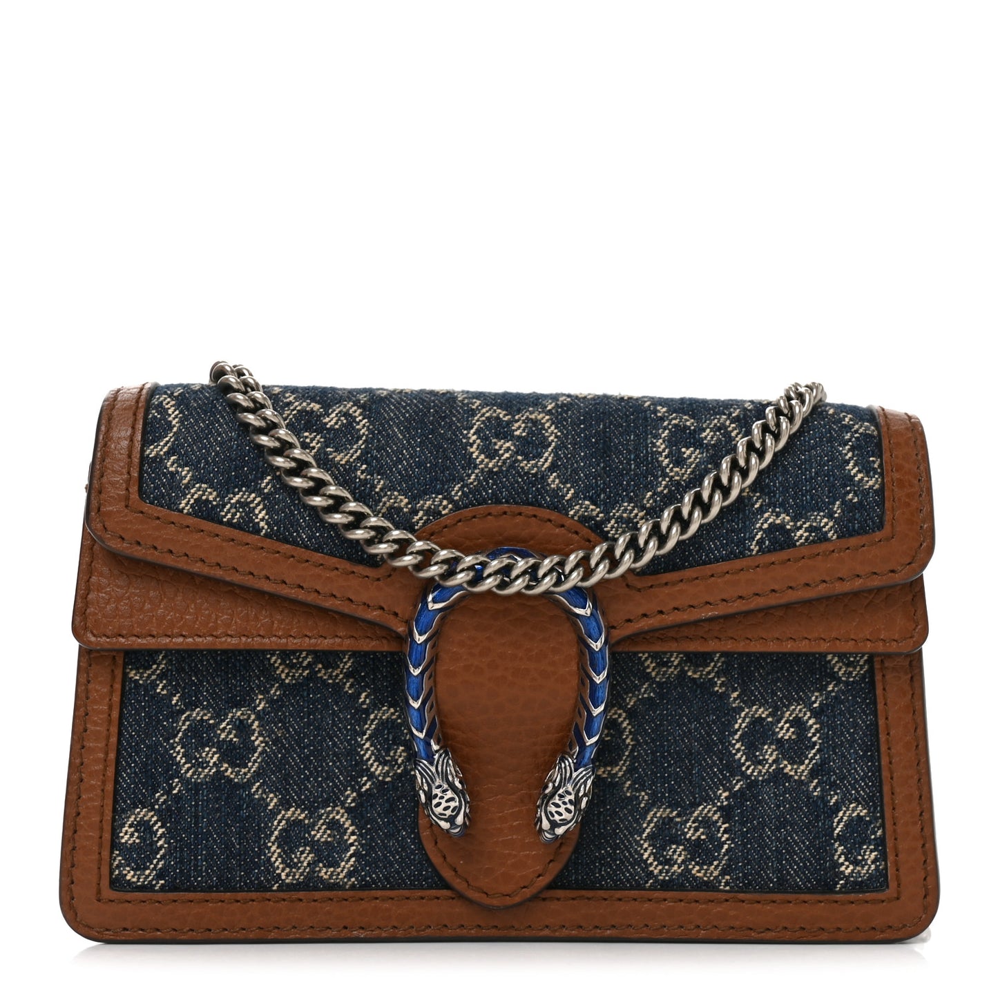 New Denim GG Monogram Dollar Calfskin Enamel Super Mini Dionysus Shoulder Bag Blue Tea Cuir Epilog Electric Blue