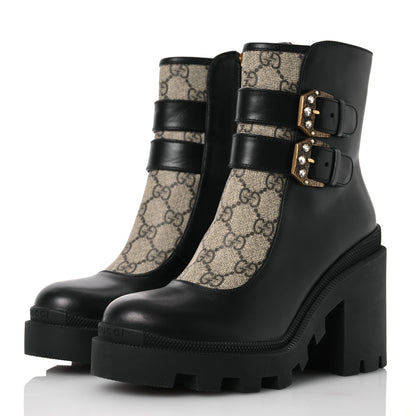 Gucci Kensington Calfskin Nappa GG Supreme Monogram Womens Double Buckle Ankle Boots 36.5 Black 3 of 12