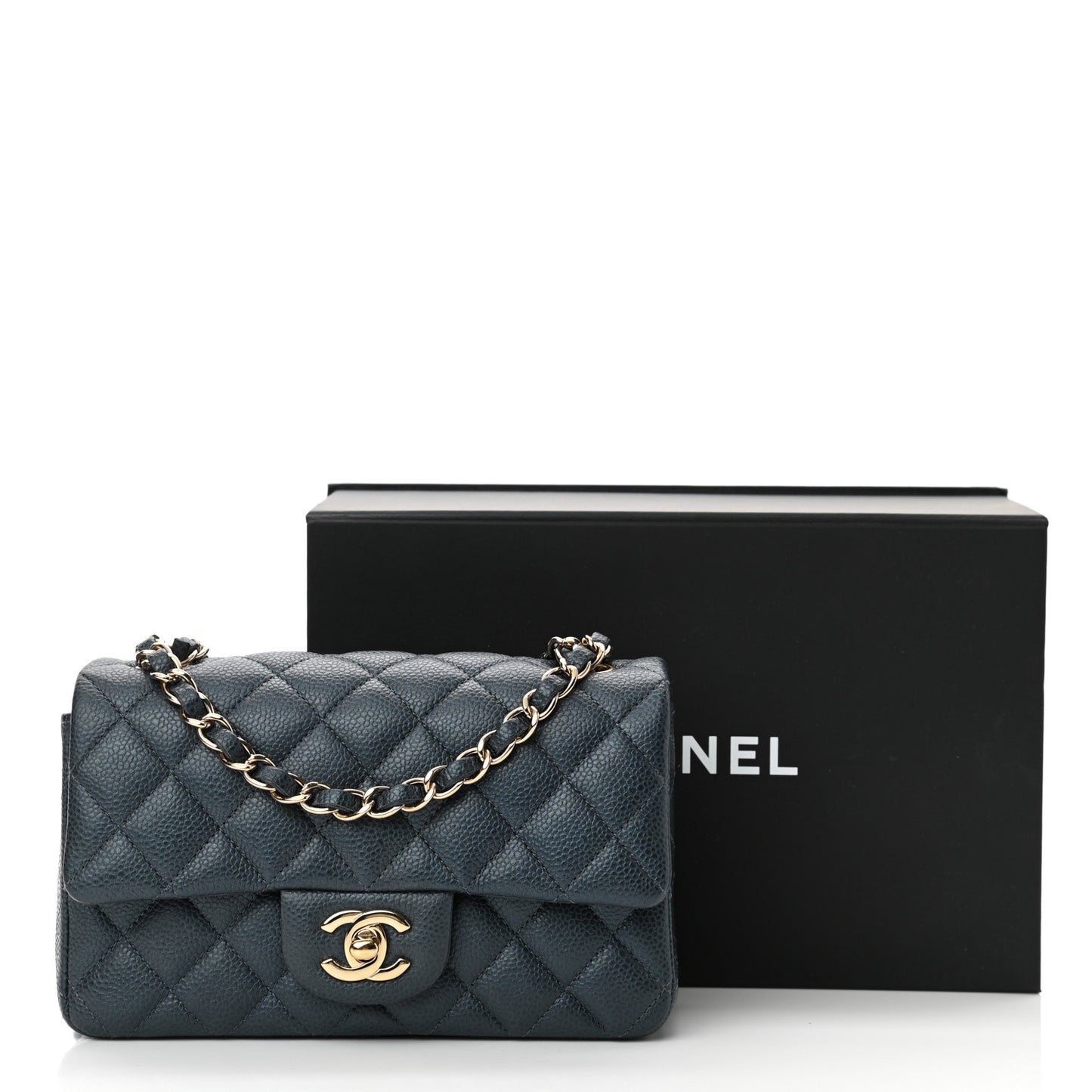 Iridescent Caviar Quilted Mini Rectangular Flap Dark Blue