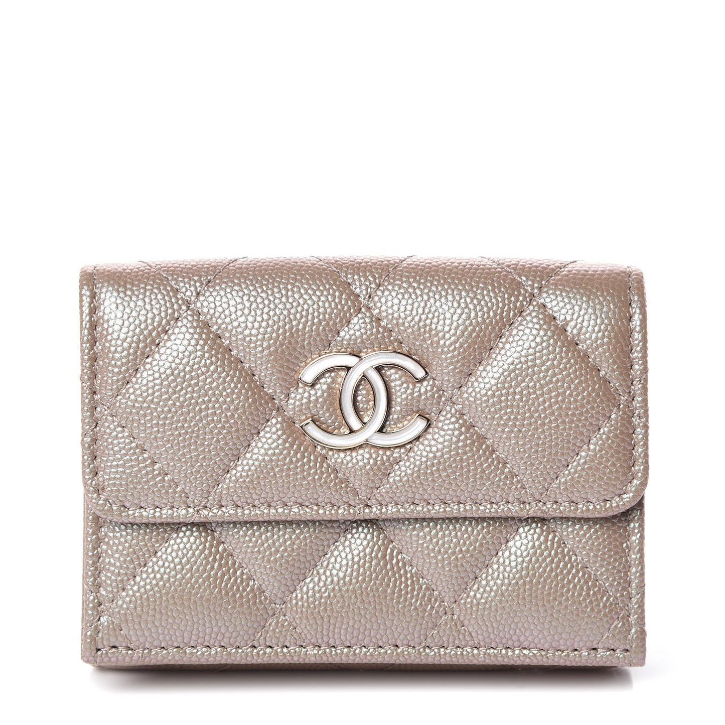 Iridescent Caviar Quilted Double Flap Wallet Beige