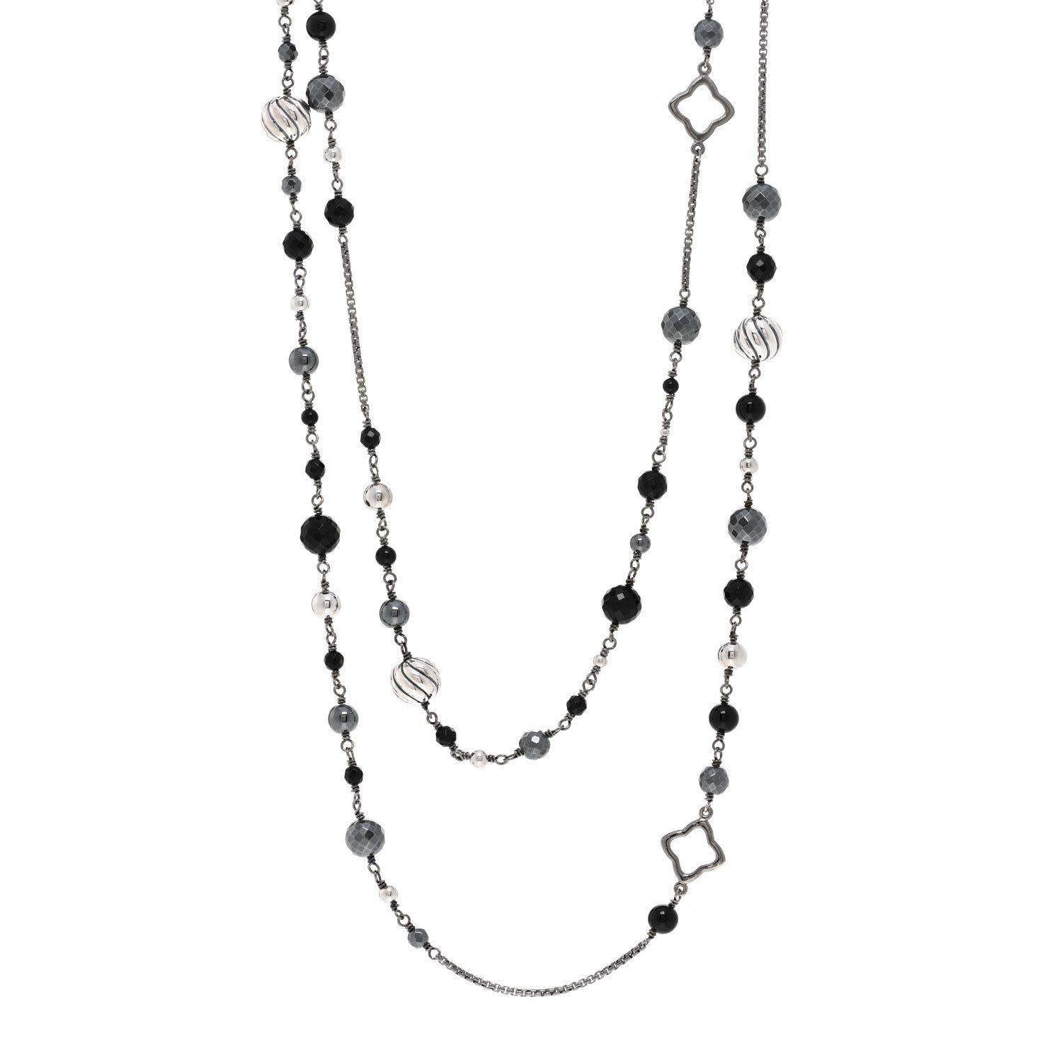 David Yurman Darkened Sterling Silver Onyx Hematite Quatrefoil Bead Chain Necklace 1 of 4