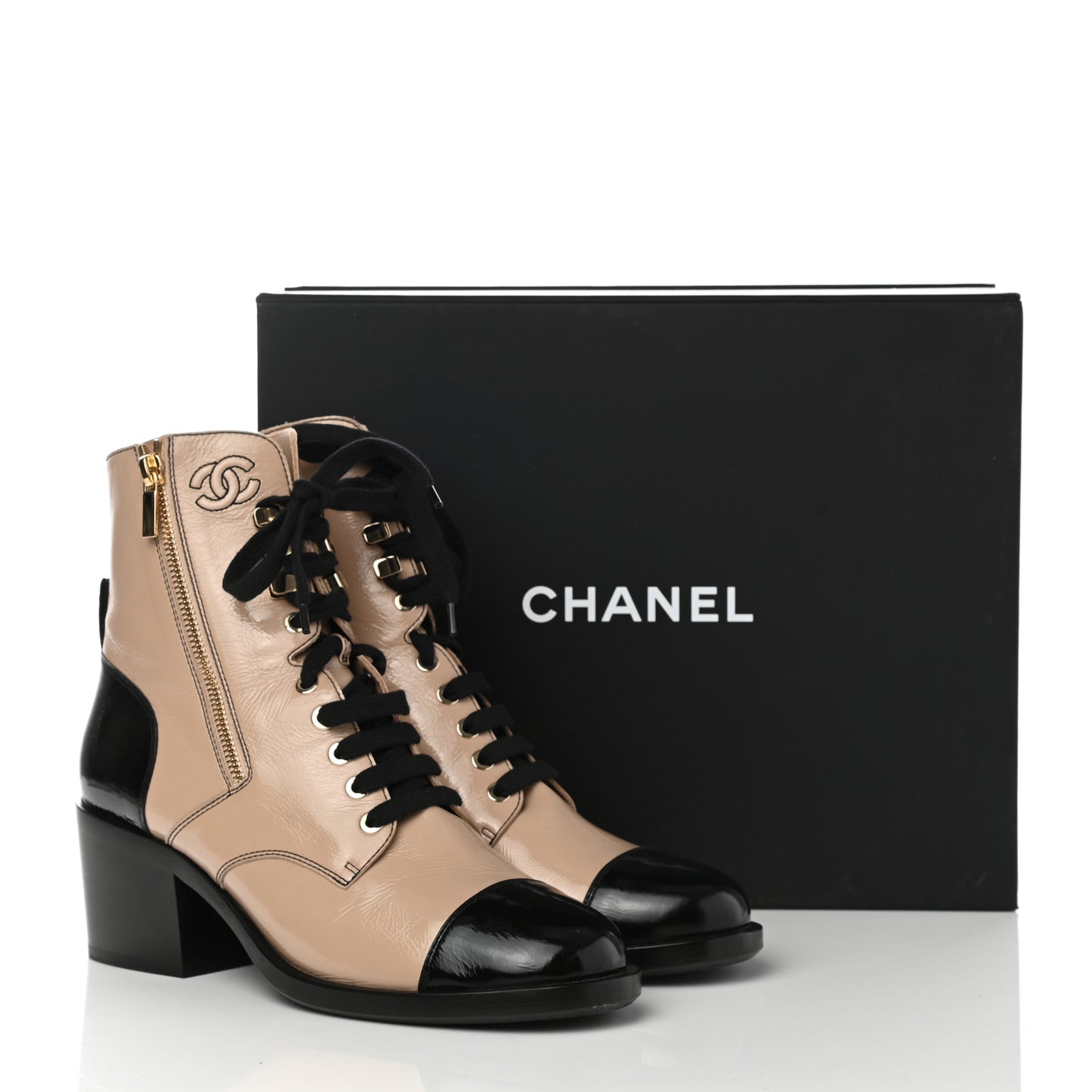 Patent Calfskin CC Lace Up Short Boots 41 Beige Black