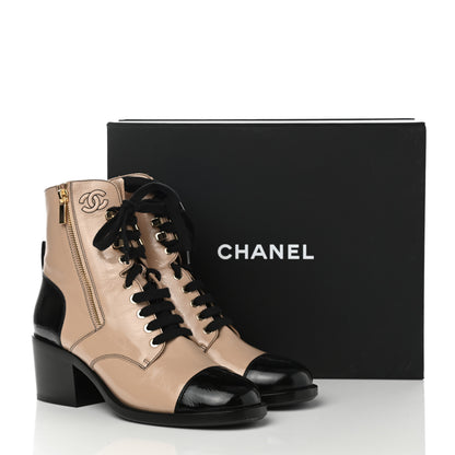 Chanel Patent Calfskin CC Lace Up Short Boots 41 Beige Black 10 of 10