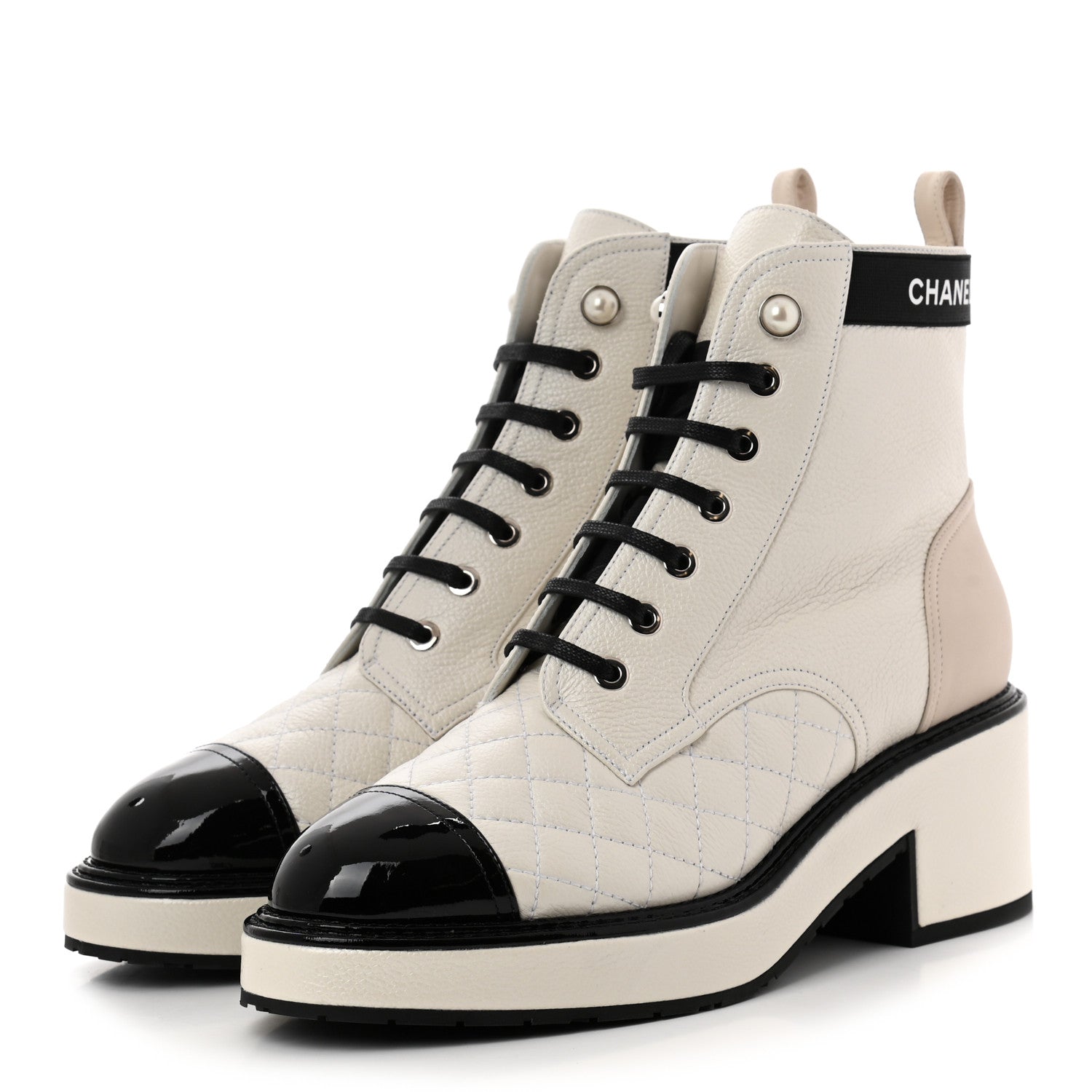 Chanel Pearly Calfskin Patent Calfskin Quilted Lace Up Boots 38 White Light Gray Black 3 of 8