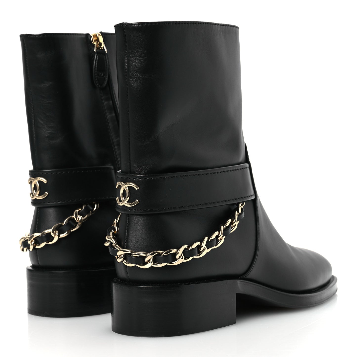 Calfskin Chain Short Boots 37.5 Black