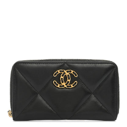 Chanel Shiny Goatskin Quilted Chanel 19 Long Zipped Around Wallet Black 1 of 9