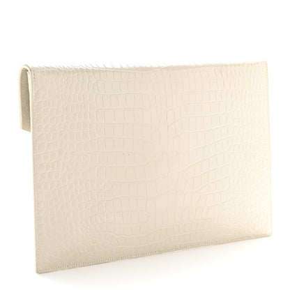 Saint Laurent Calfskin Crocodile Embossed Uptown Monogram Pouch Crema Soft 3 of 13