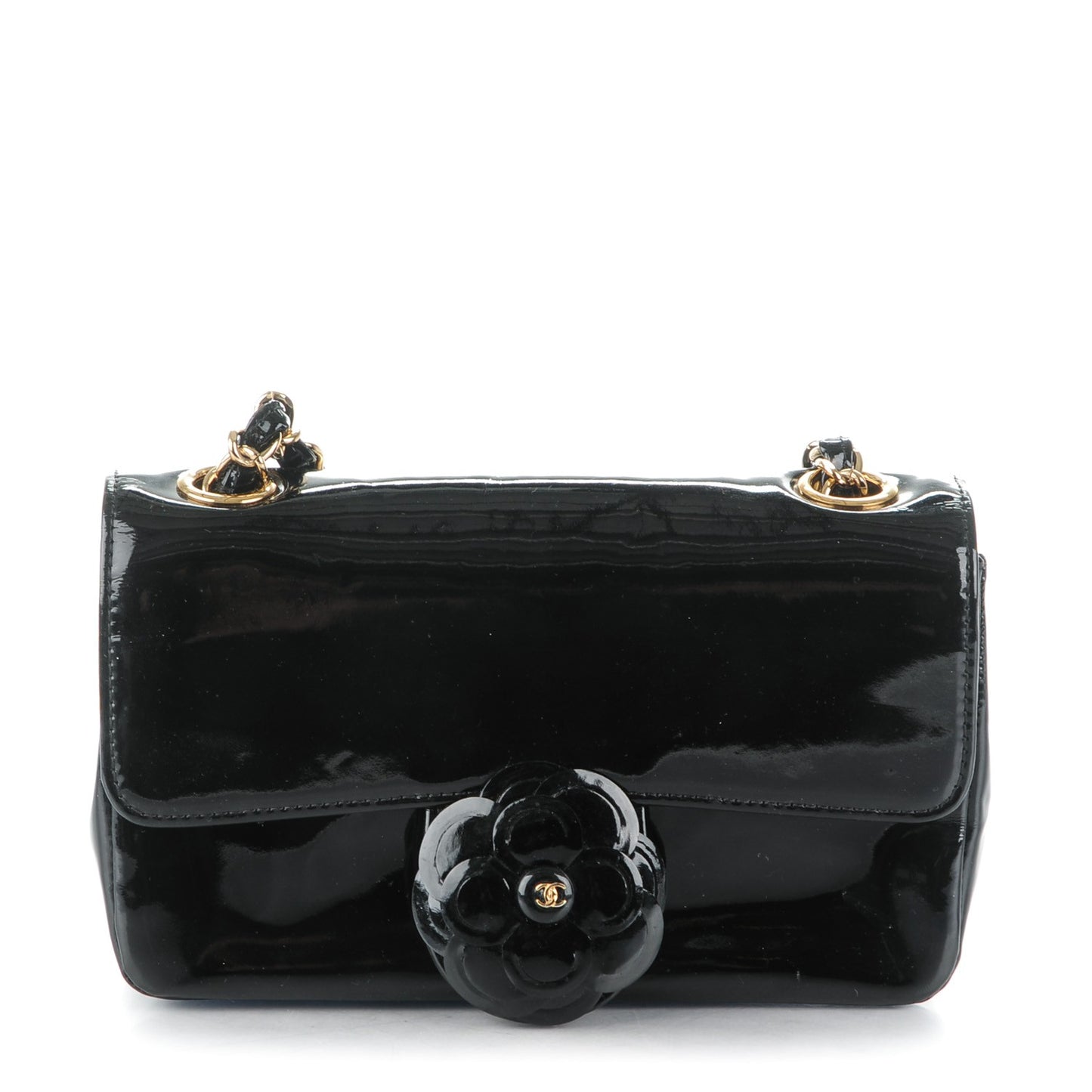 Patent Calfskin Camellia Mini Rectangular Flap Black