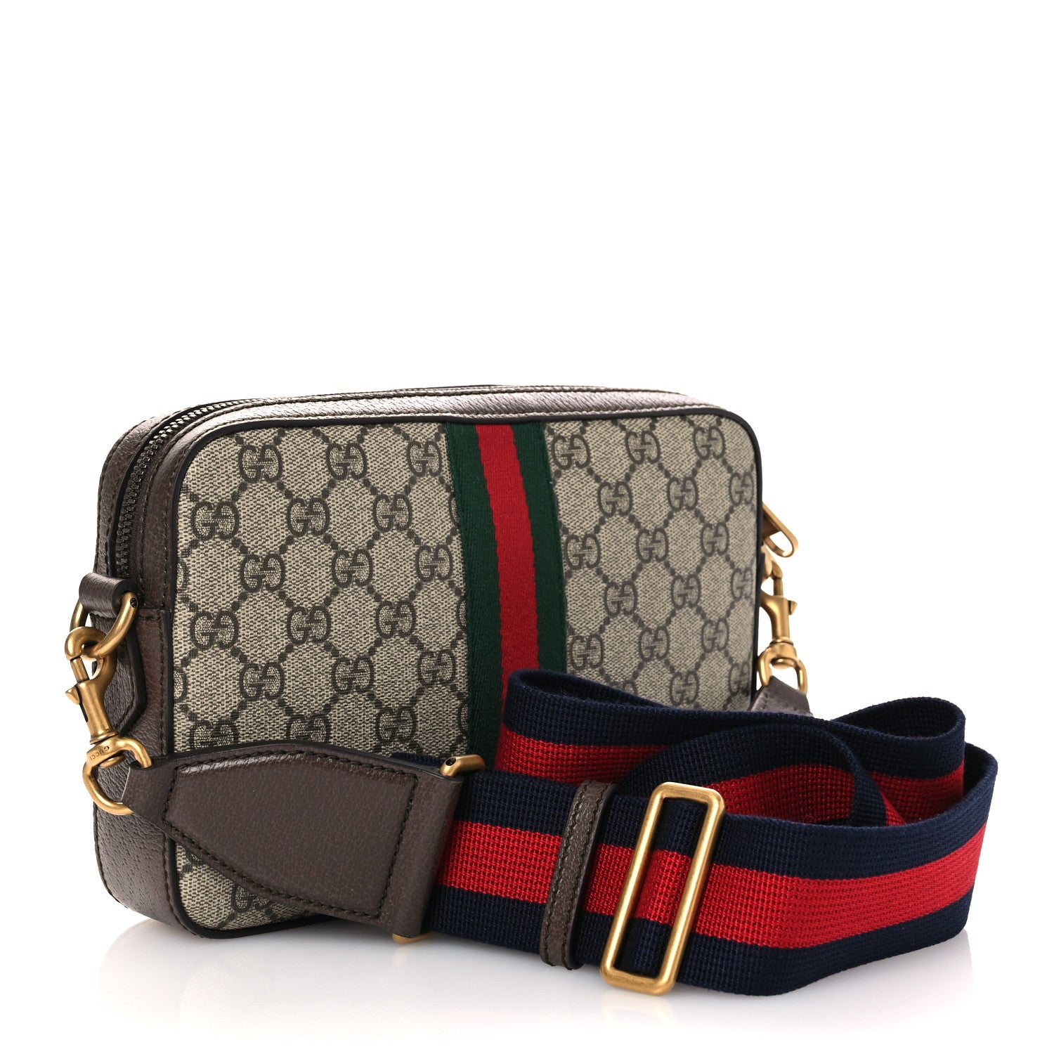 Gucci GG Supreme Monogram Textured Dollar Calfskin Web Ophidia Wristlet Shoulder Bag Beige Ebony New Acero 3 of 12