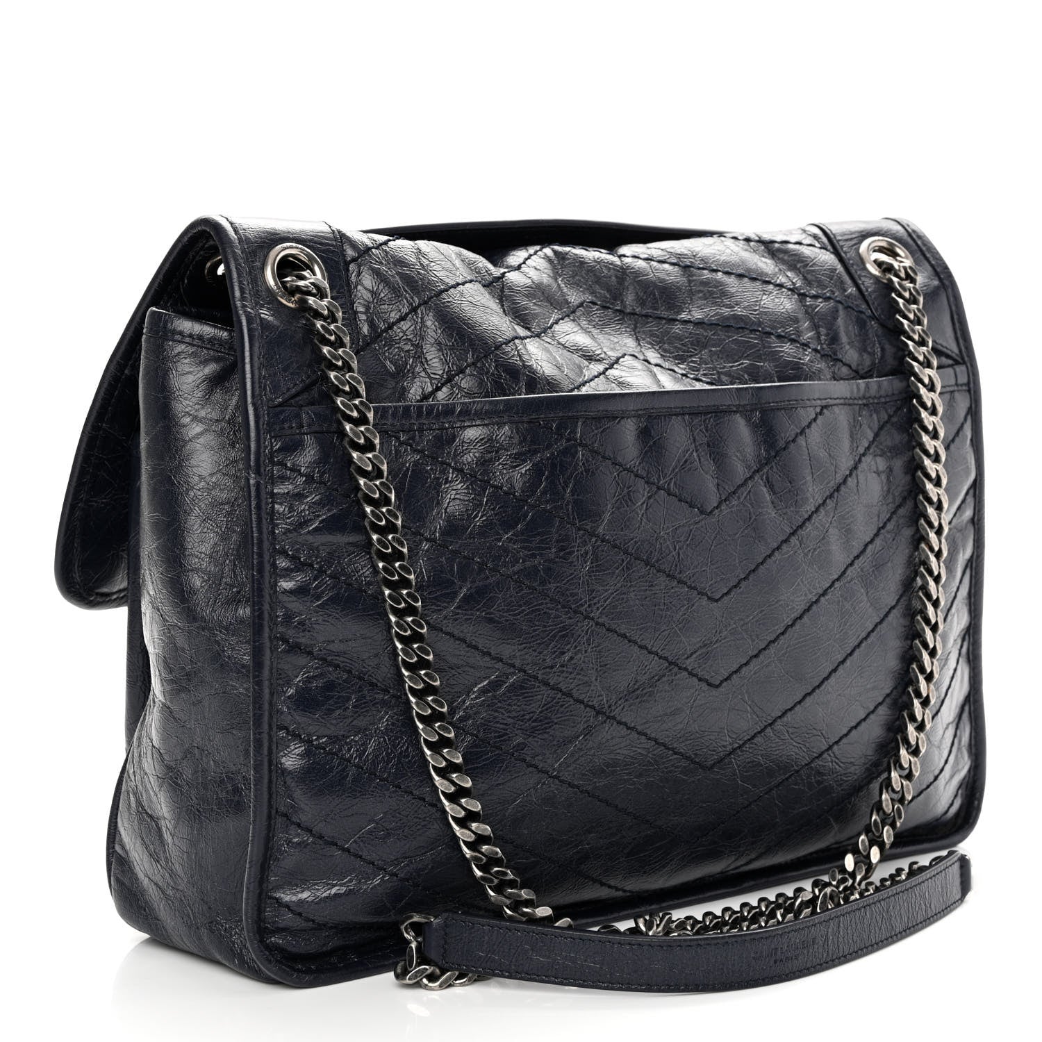 Saint Laurent Crinkled Calfskin Matelasse Monogram Large Niki Chain Satchel Deep Marine 3 of 9