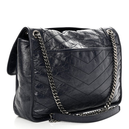 Saint Laurent Crinkled Calfskin Matelasse Monogram Large Niki Chain Satchel Deep Marine 3 of 9