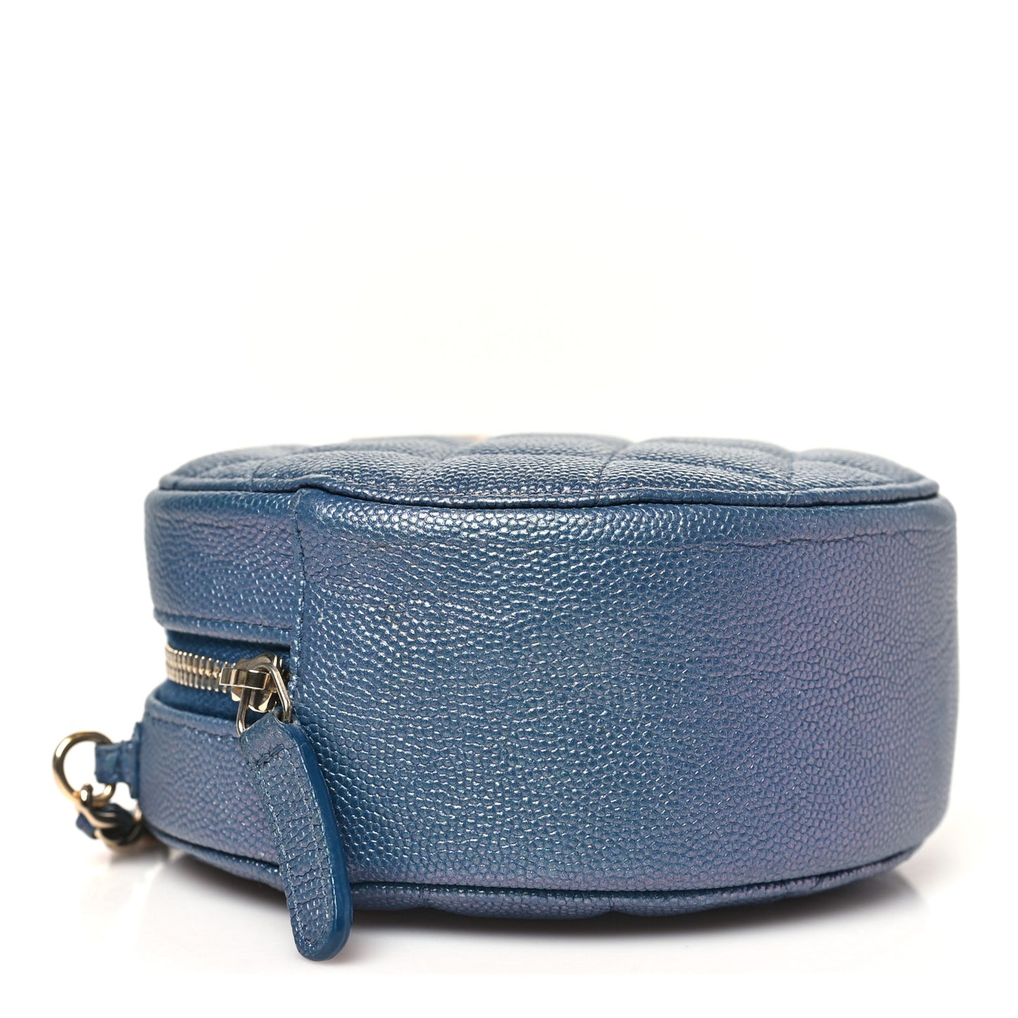 Iridescent Caviar Quilted Round Clutch With Chain Blue