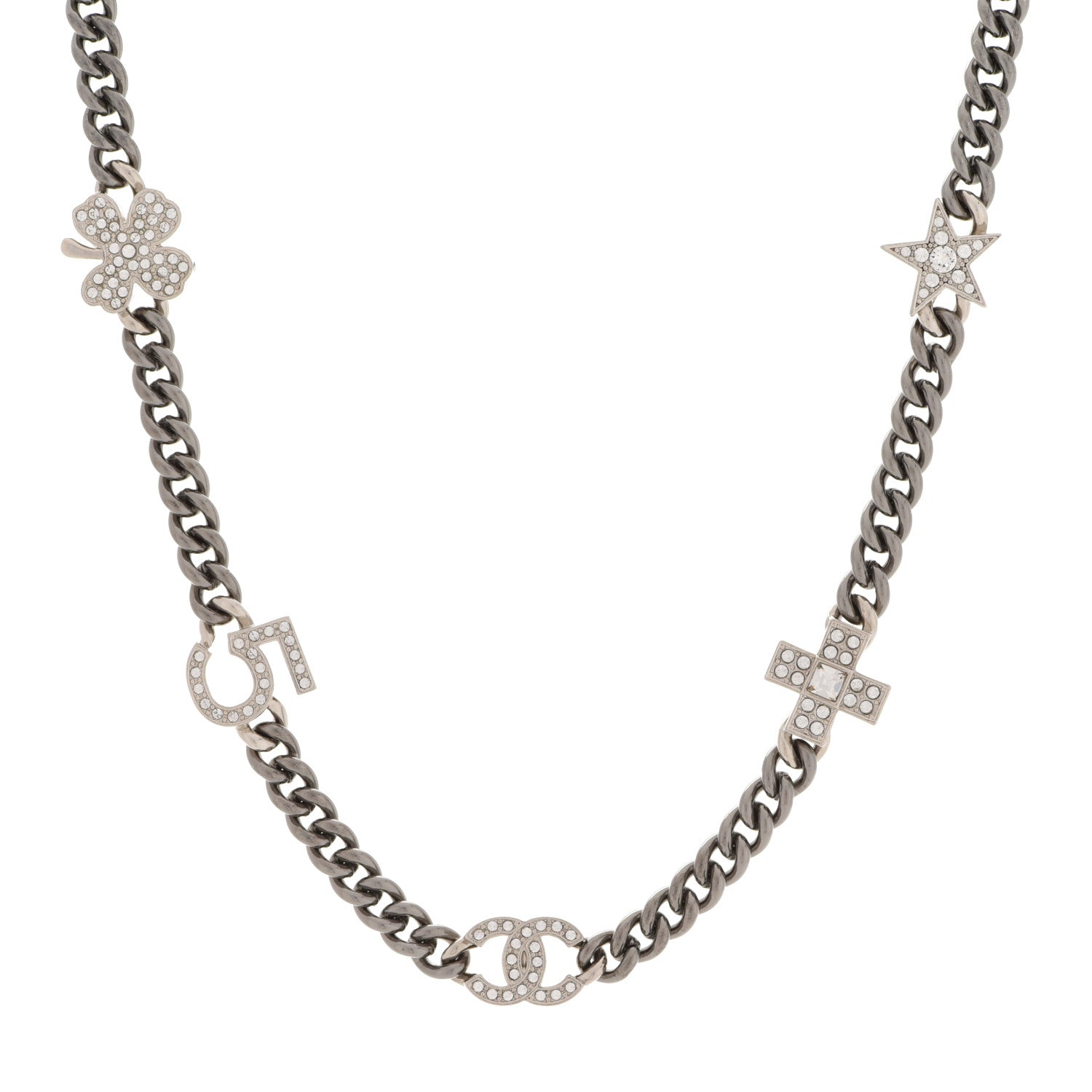 Chanel Ruthenium Crystal Chain CC Lucky Charms Choker Silver 1 of 7