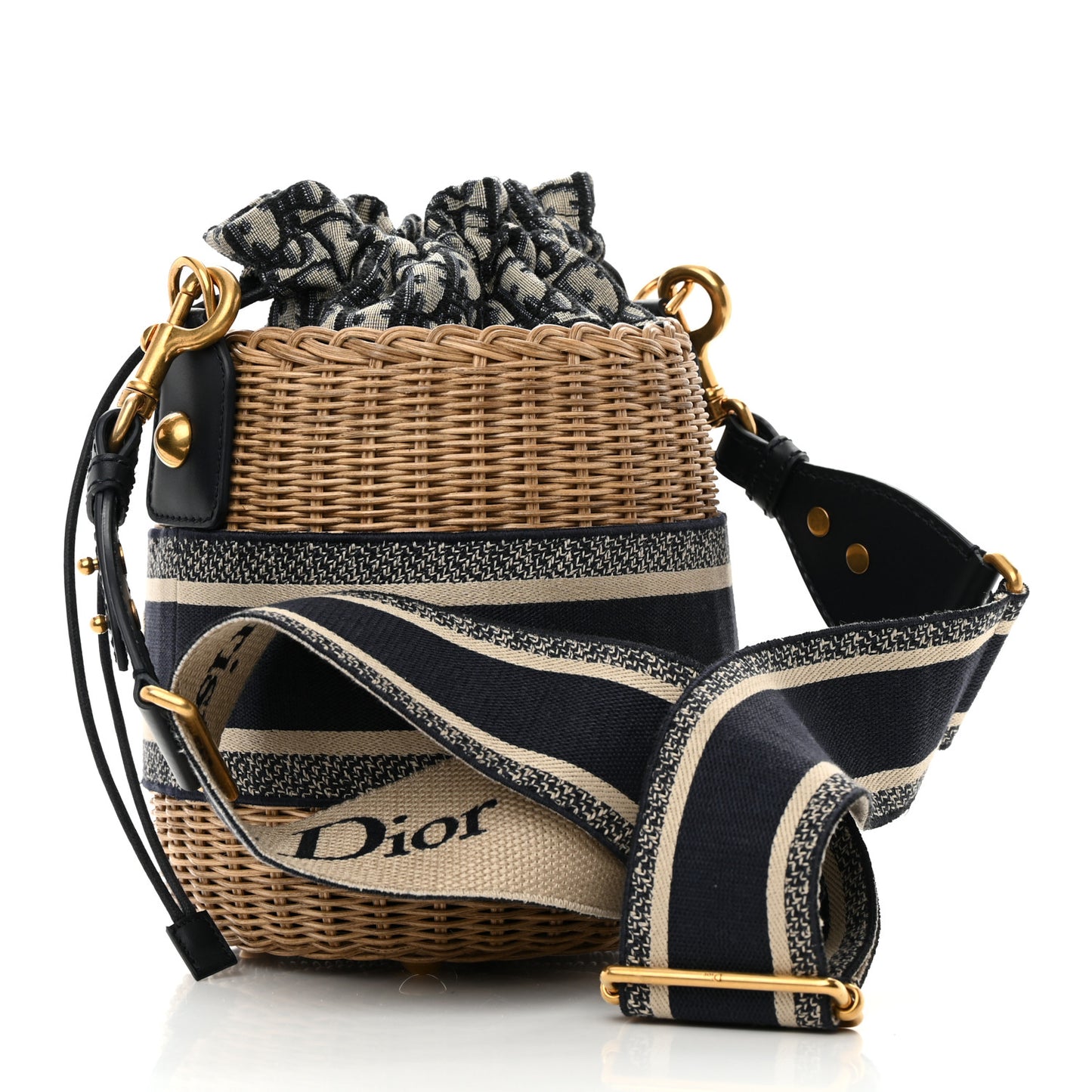 Wicker Oblique Drawstring Bucket Bag Blue