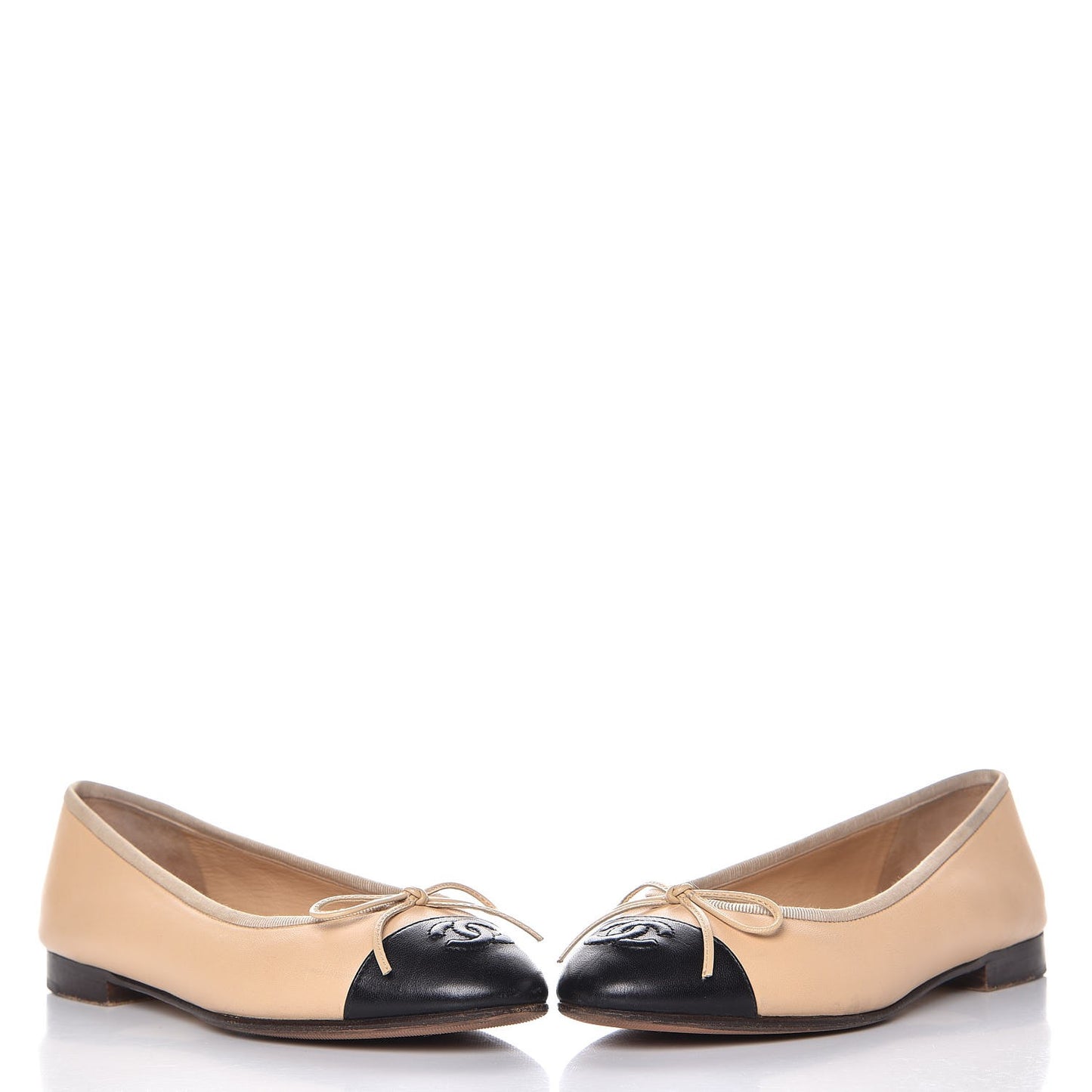 Lambskin Cap Toe Ballerina Flats 36 Beige Black