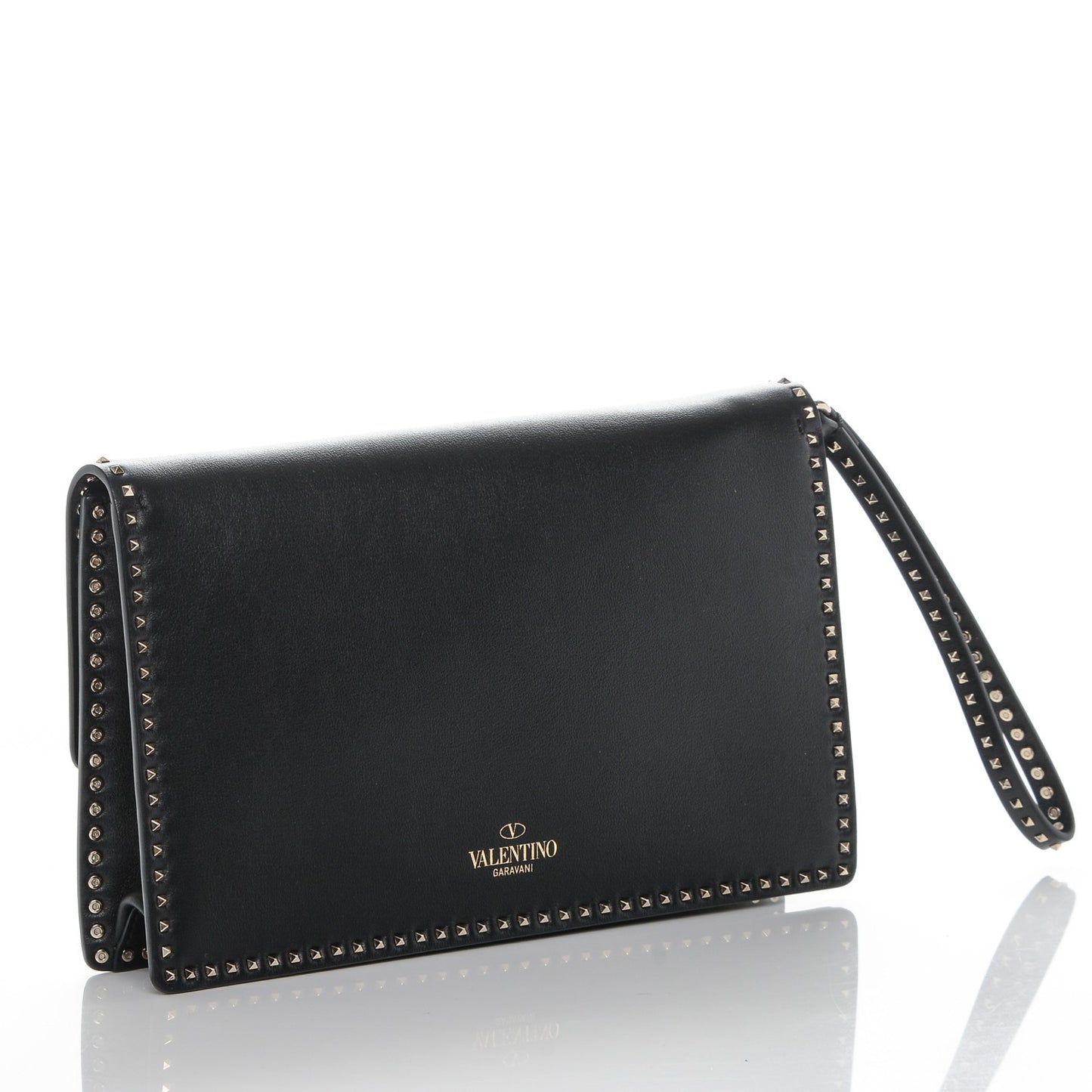 Calfskin Rockstud Turn Lock Flap Clutch Black