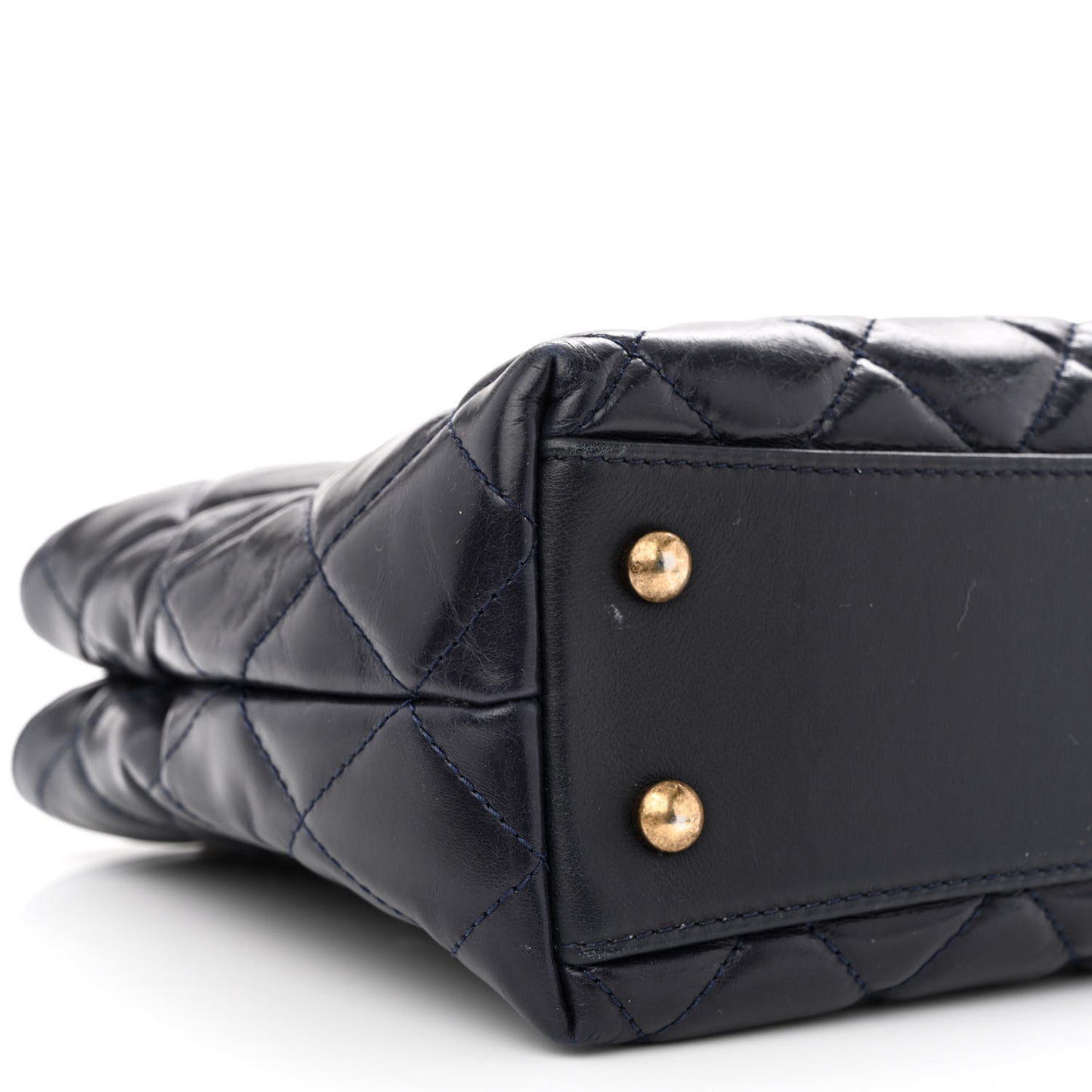 Glazed Calfskin Quilted Small Gold Bar Tote Navy Blue