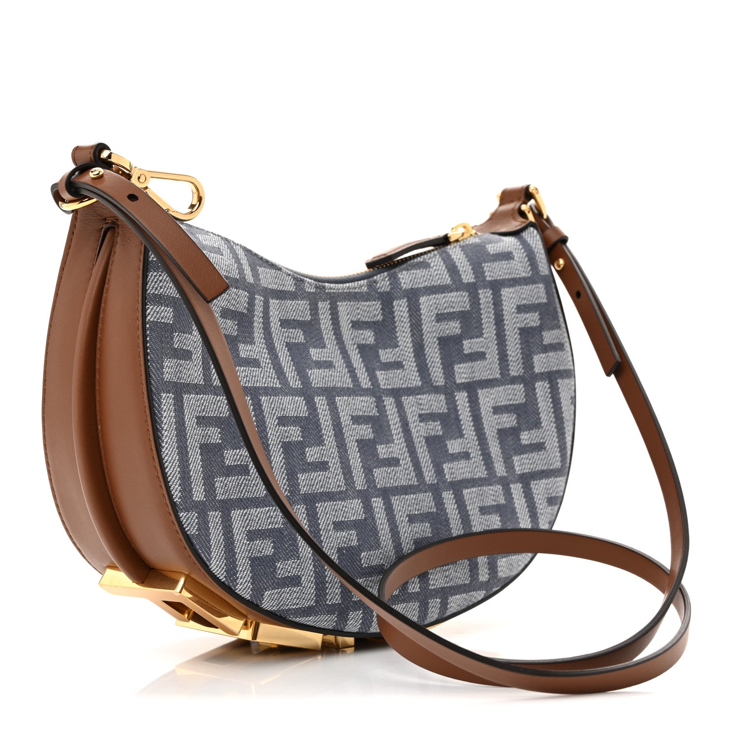 Fendi Denim Vitello King F is Fendi FF Embroidered Mini Fendigraphy Hobo Bag Blue Brown 3 of 11