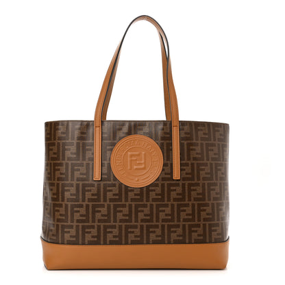 Fendi Glazed Fabric Vitello Century FF 1974 Stamp Patch Shopping Tote Mogano Panna Caramello 1 of 10