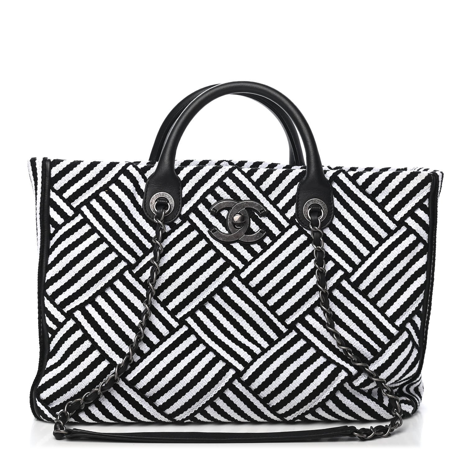 Chanel Woven Canvas Large Easy Shopping Tote Black White 1 of 8