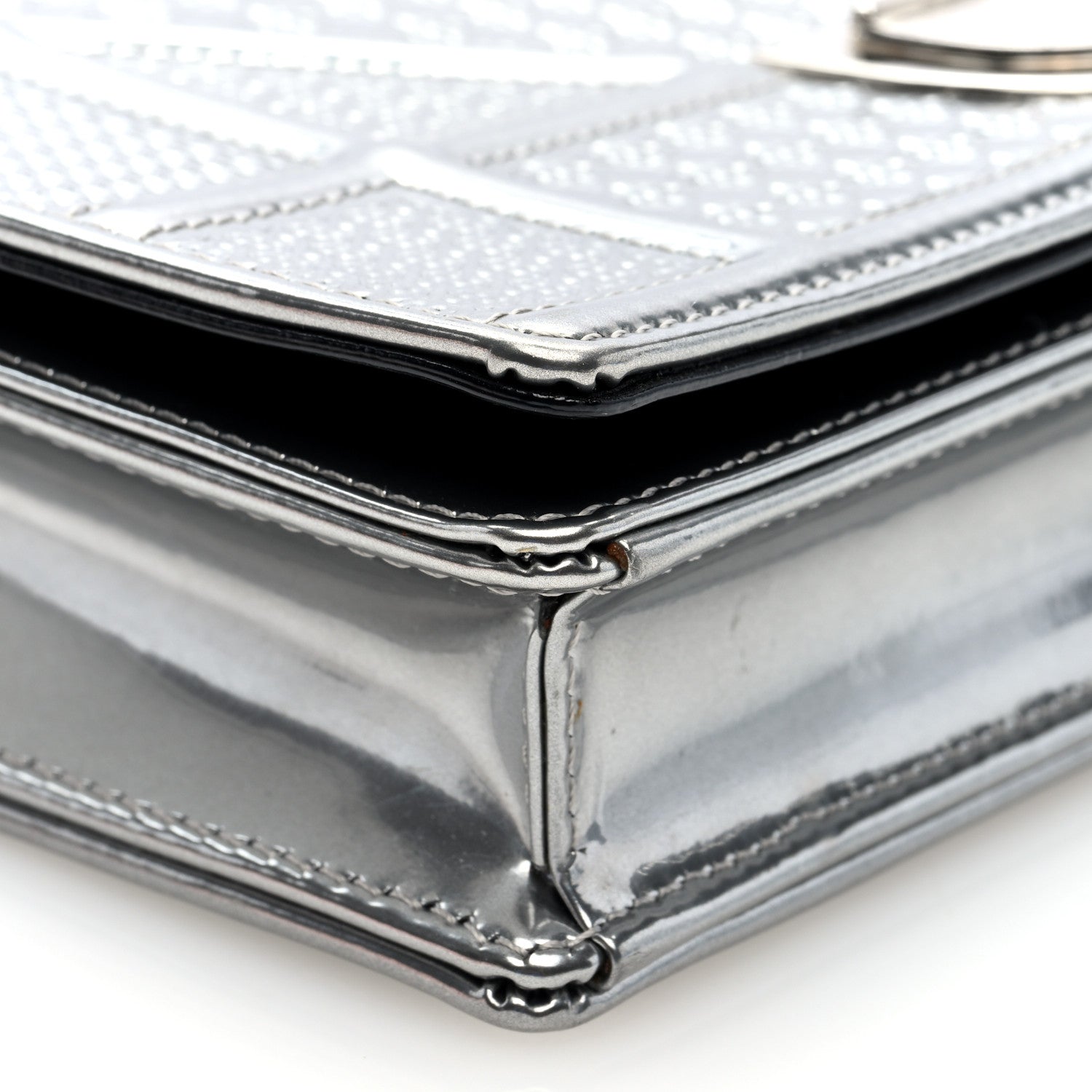 Christian Dior Metallic Patent Micro-Cannage Diorama Wallet on Chain Pouch Silver 8 of 10