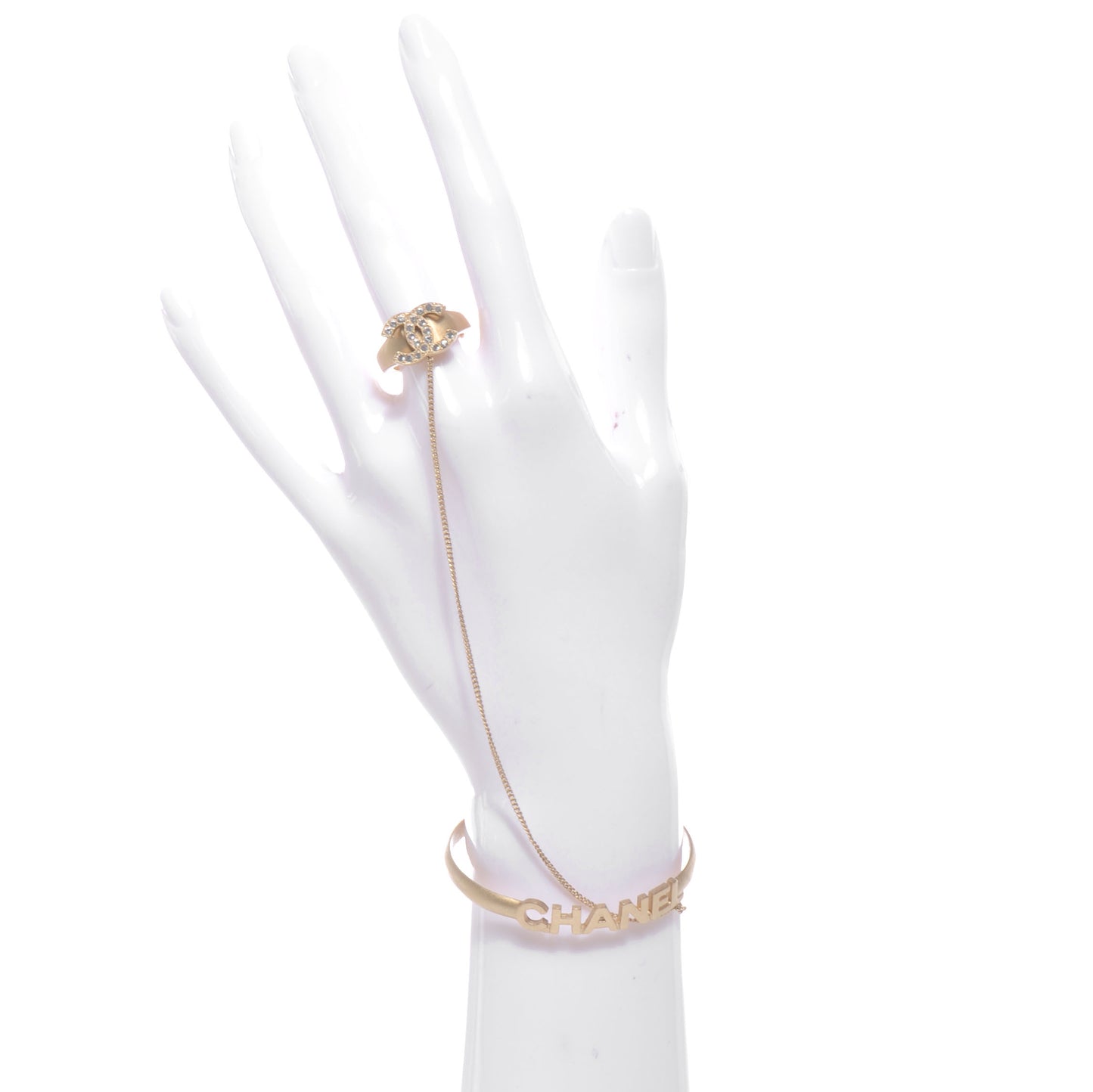 Crystal Logo Cuff w CC Ring and Chain Matte Gold