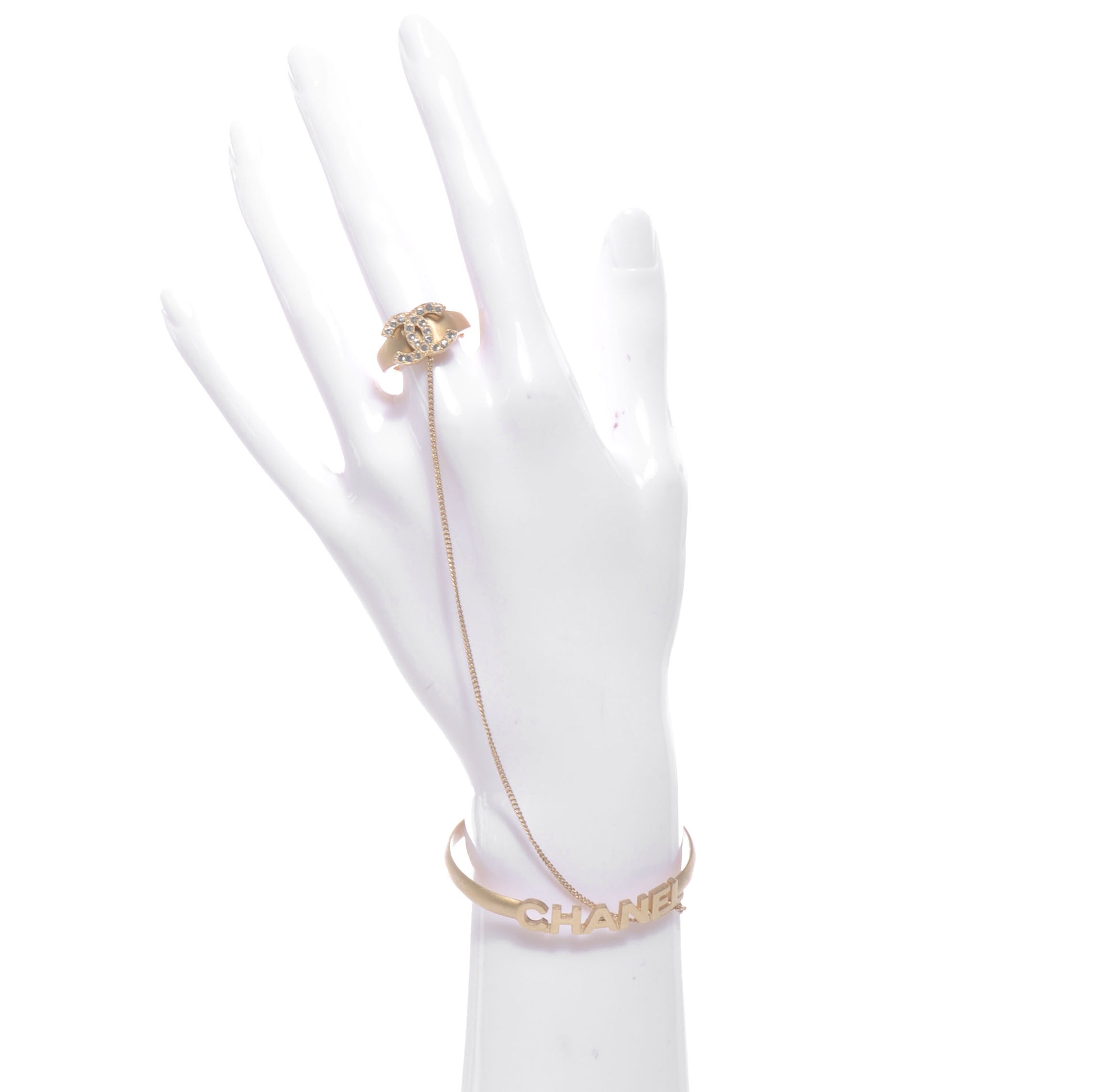 Chanel Crystal Logo Cuff w CC Ring and Chain Matte Gold 2 of 6