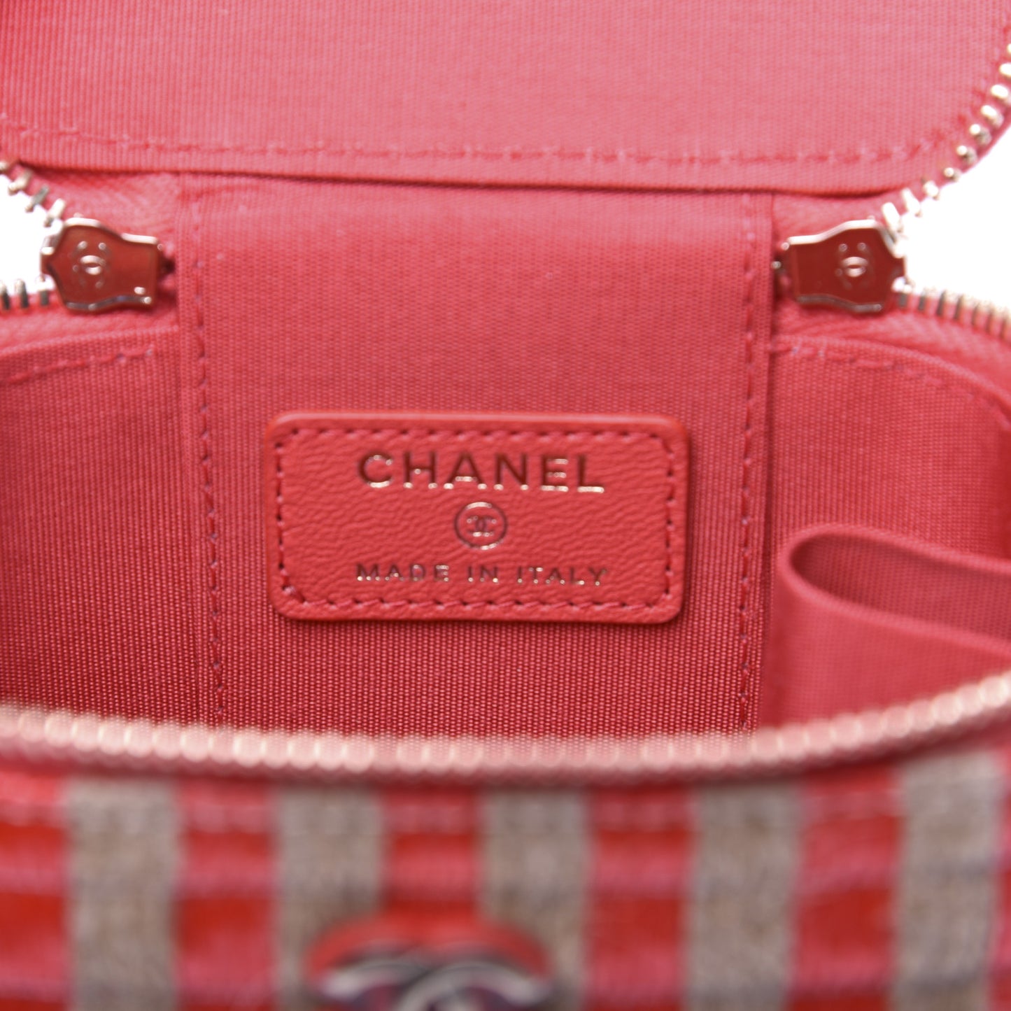 Raffia Jute Striped Mini Vanity Case With Chain Red Beige