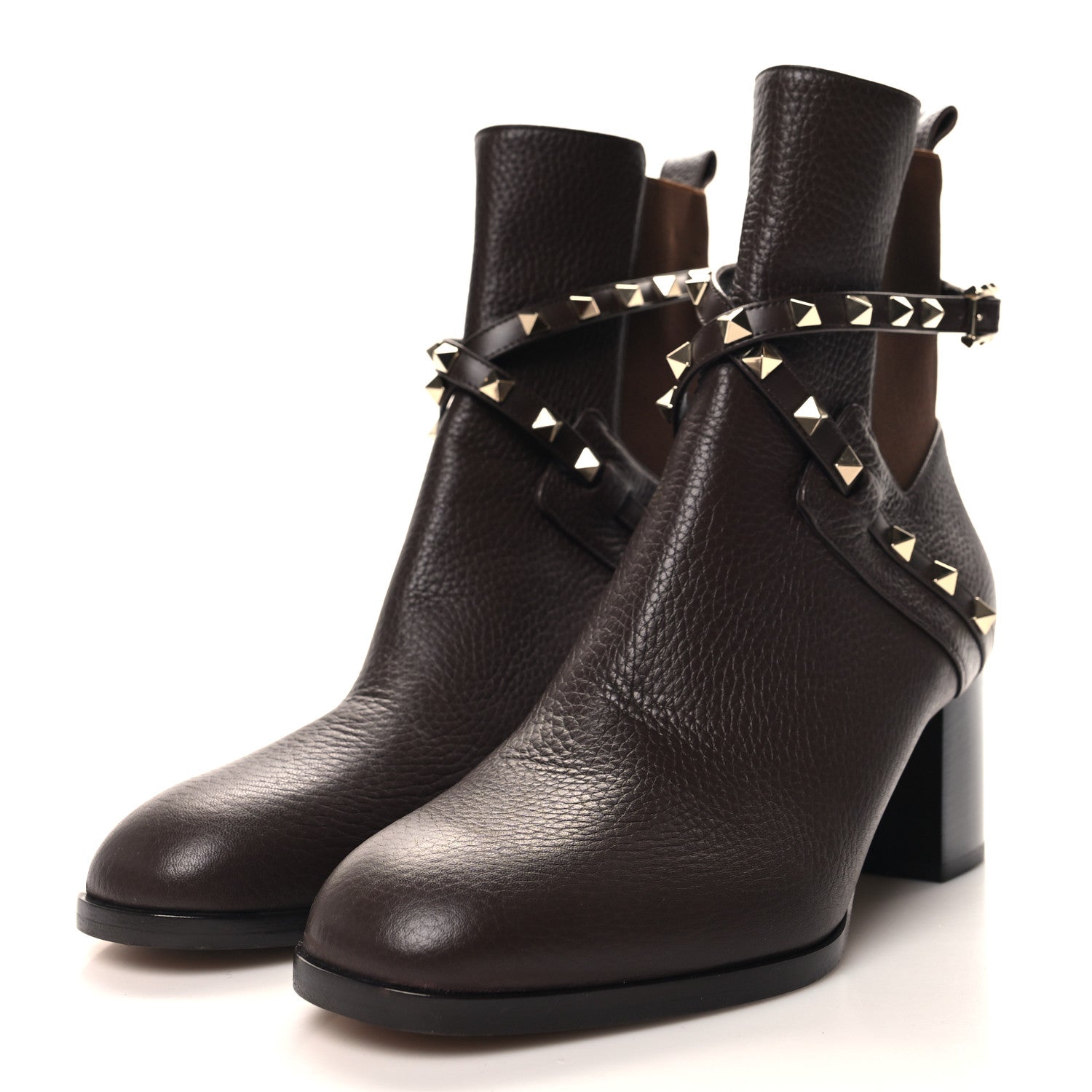 Valentino Garavani Pebbled Calfskin Rockstud Double Buckle 70mm Block Heel Ankle Boots 39.5 Fondant 3 of 8