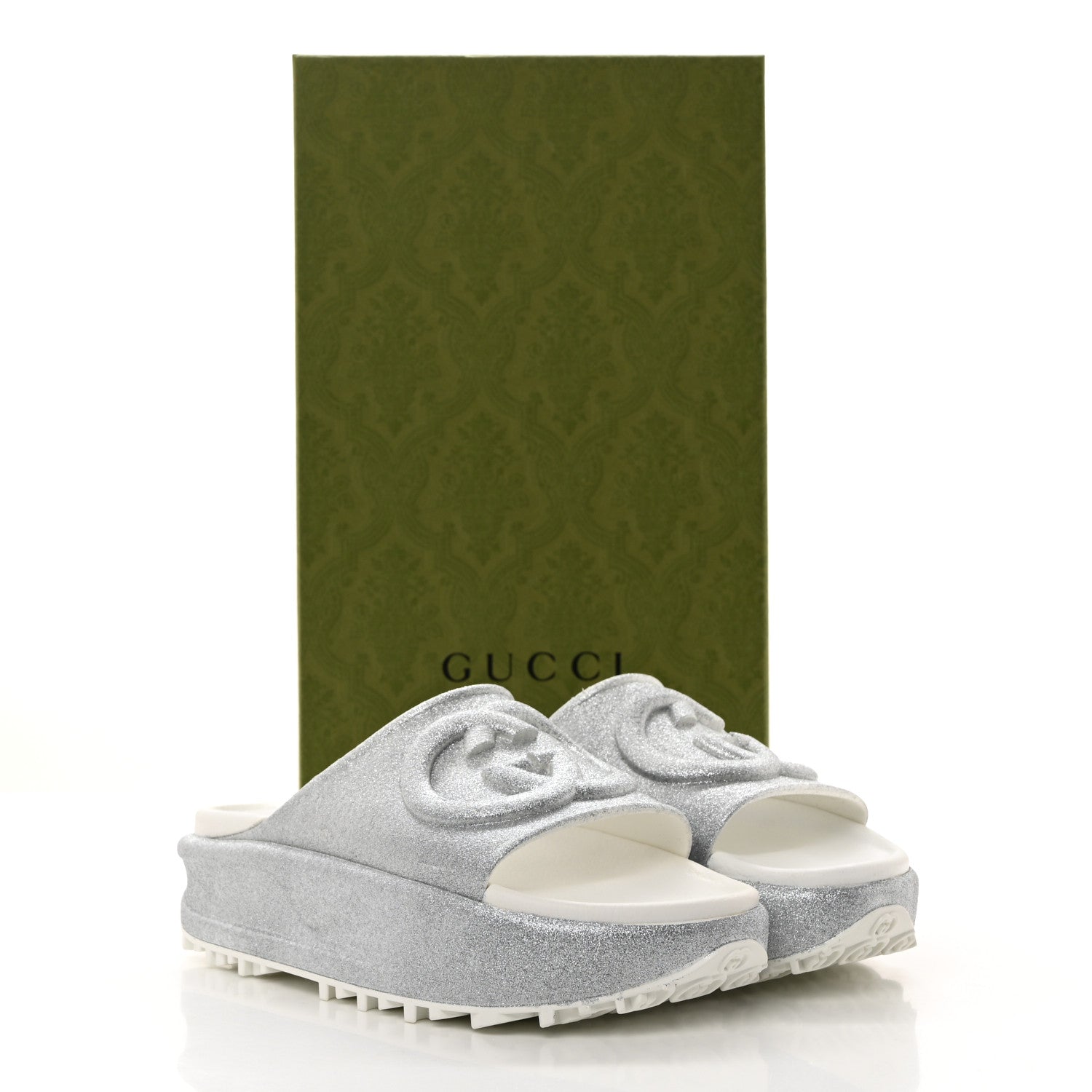 Gucci Glitter Rubber Womens Interlocking G Platform 42mm Slide Sandals 37 Silver 9 of 9