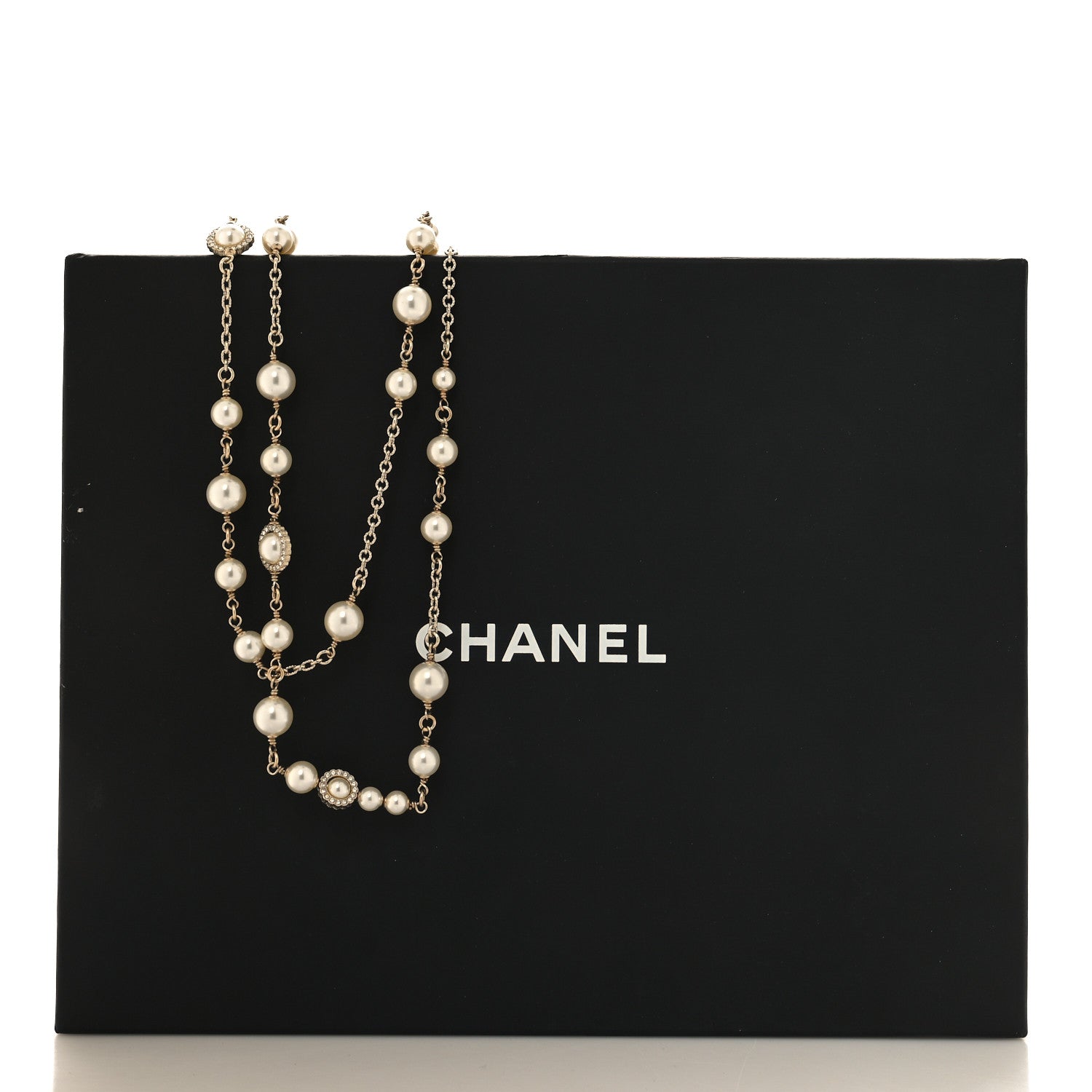 Chanel Pearl Crystal CC Lace Camellia Long Necklace Gold 5 of 5