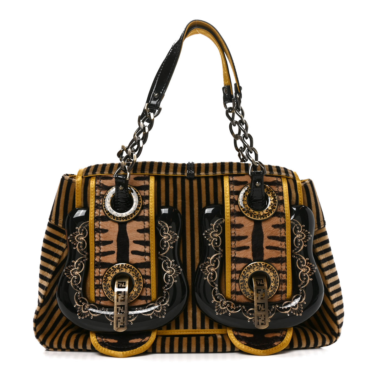 Fendi Velvet Calf Hair Pequin B Bag Tan Black 1 of 10