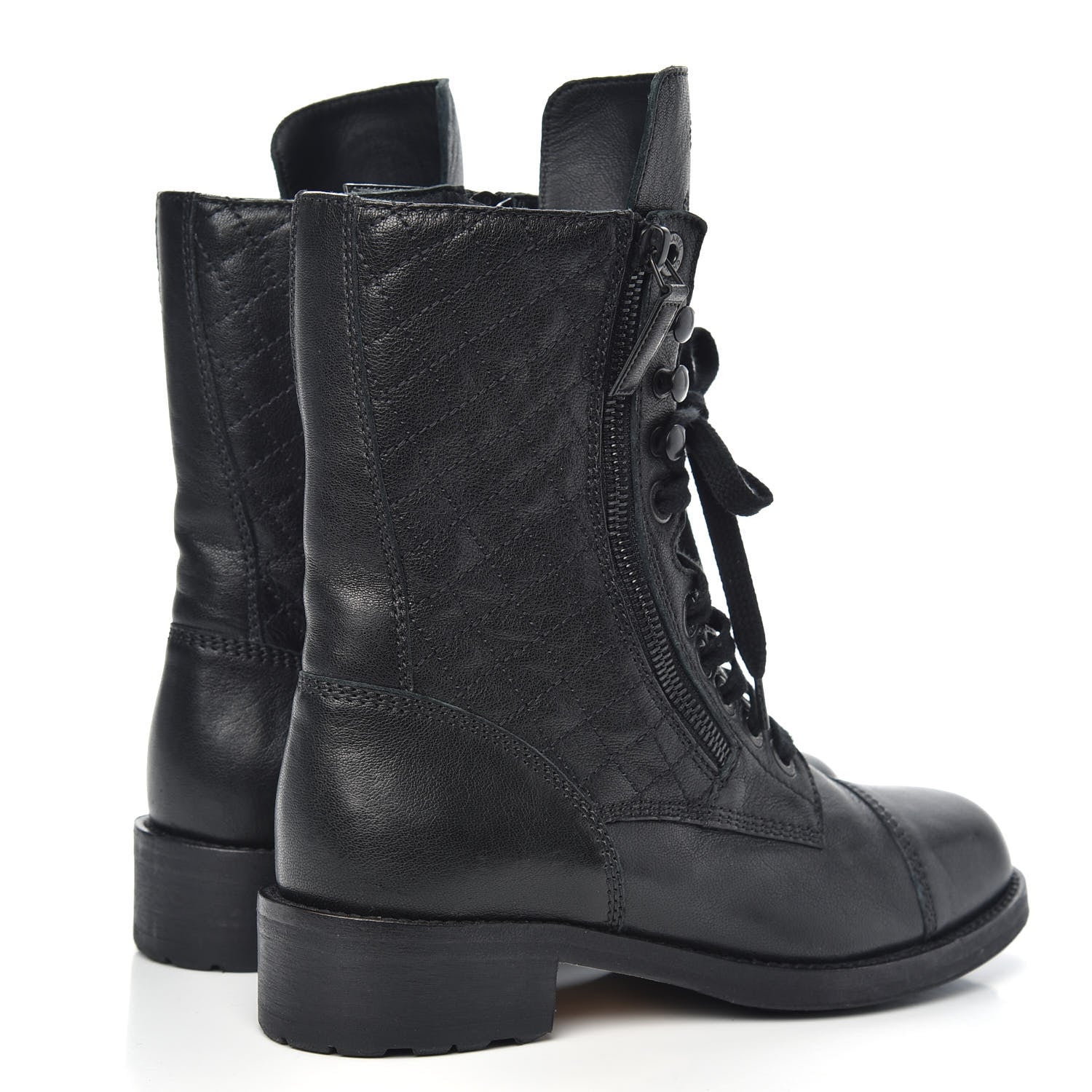 Chanel Calfskin Quilted Lace Up Combat Boots 37.5 Black 4 of 8