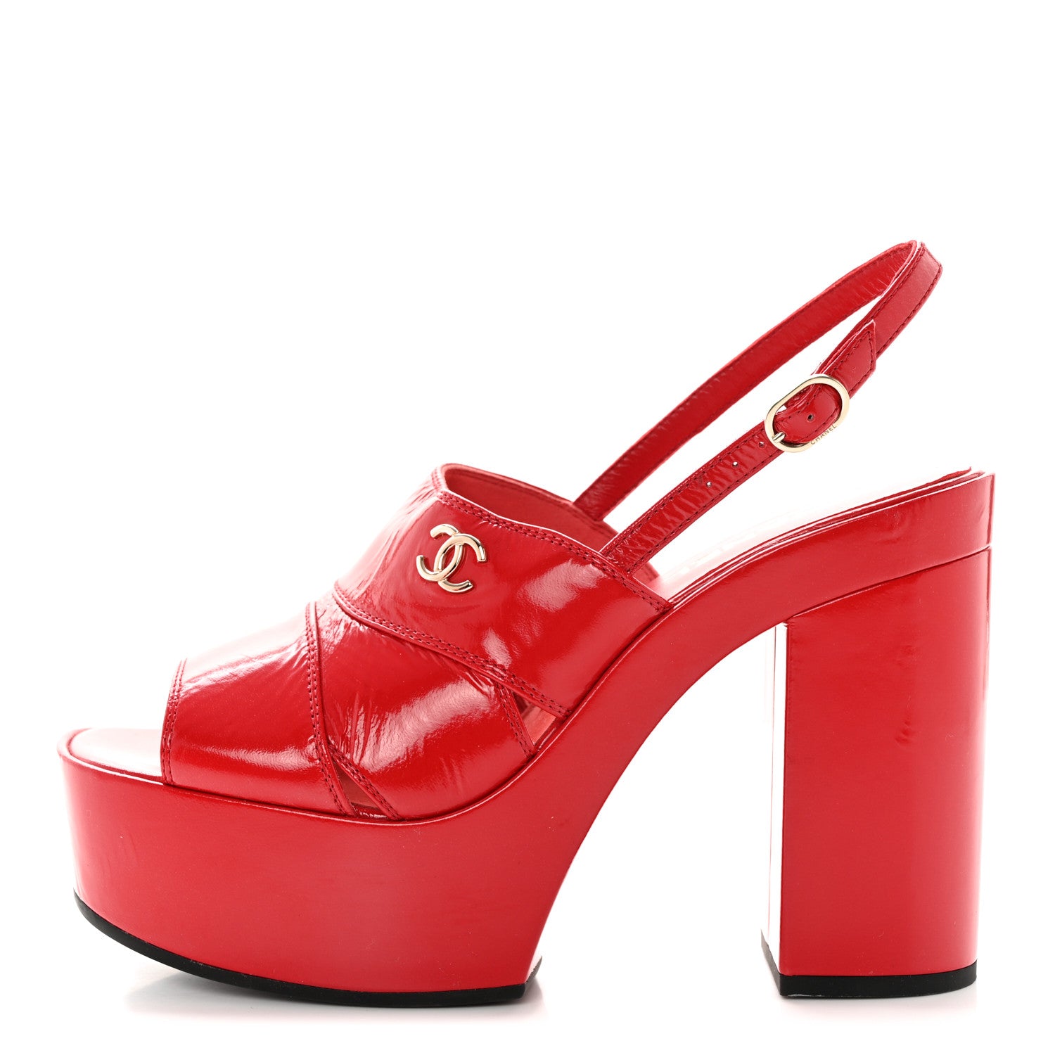 Chanel Crumpled Patent Lambskin Platform Sandals 40.5 Red 1 of 11