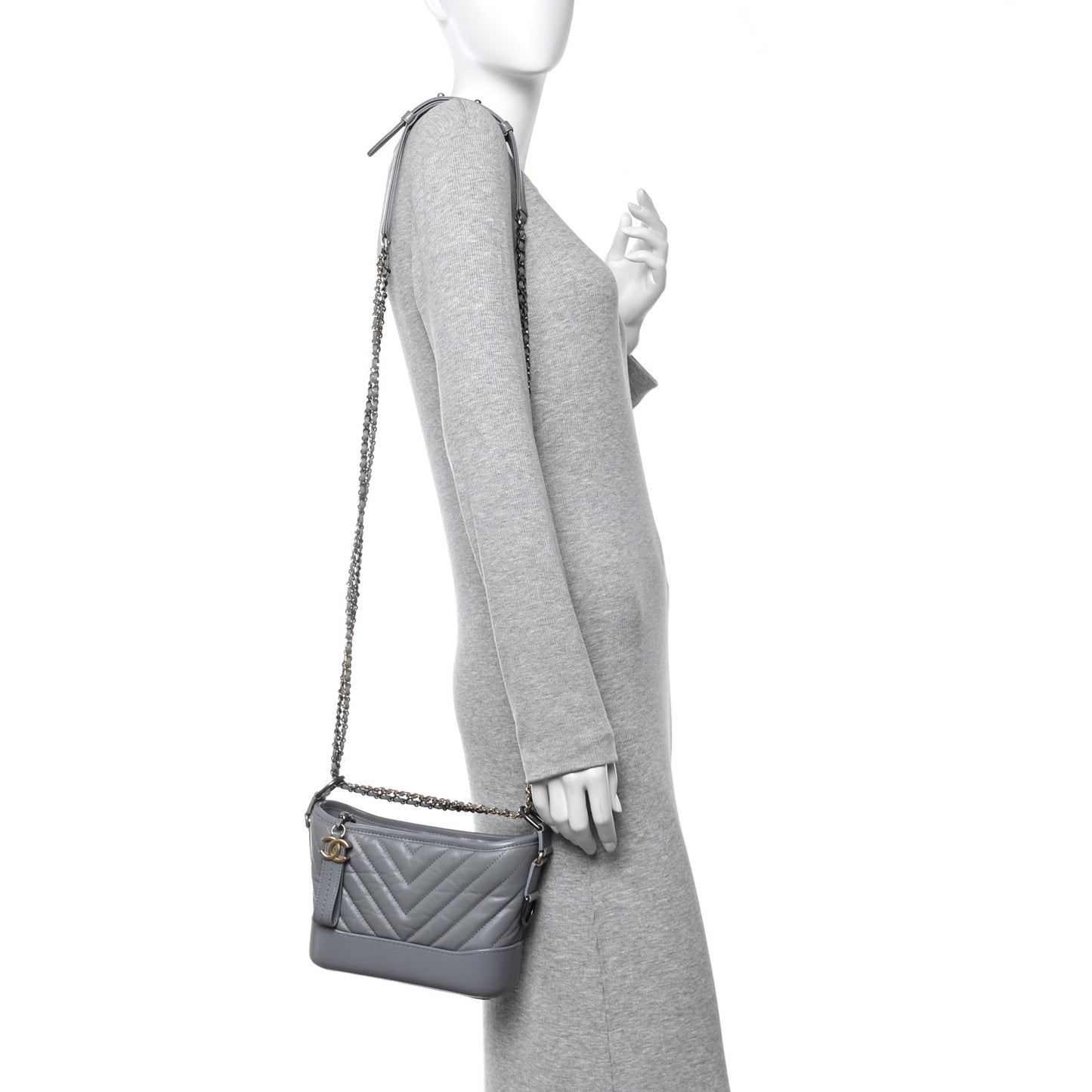 Aged Calfskin Chevron Quilted Small Gabrielle Hobo Grey