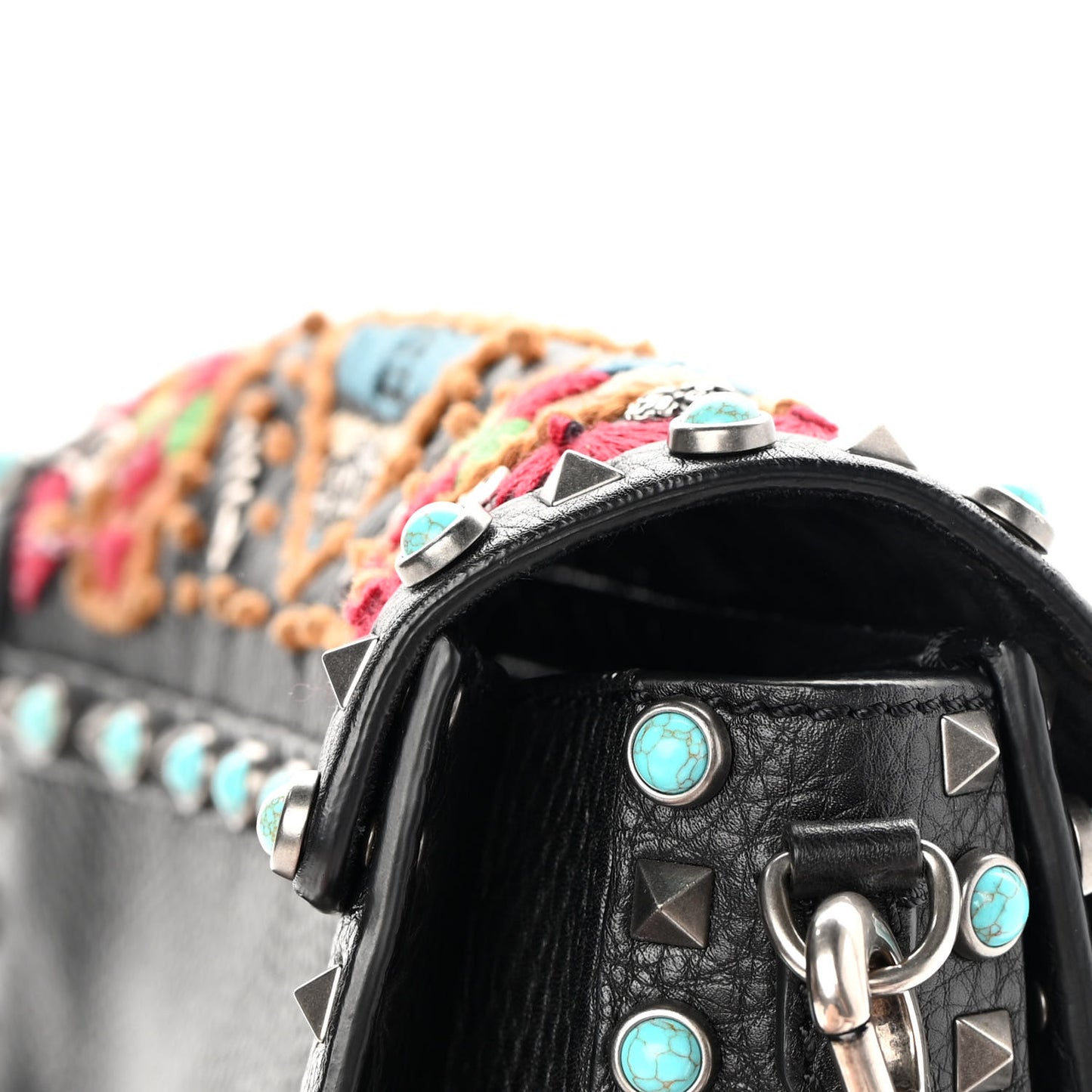 Calfskin Embroidered Medium Guitar Strap Rockstud Rolling Flap Saddle Bag Black