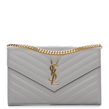 Saint Laurent Grain De Poudre Matelasse Chevron Monogram Chain Wallet Fog 1 of 8